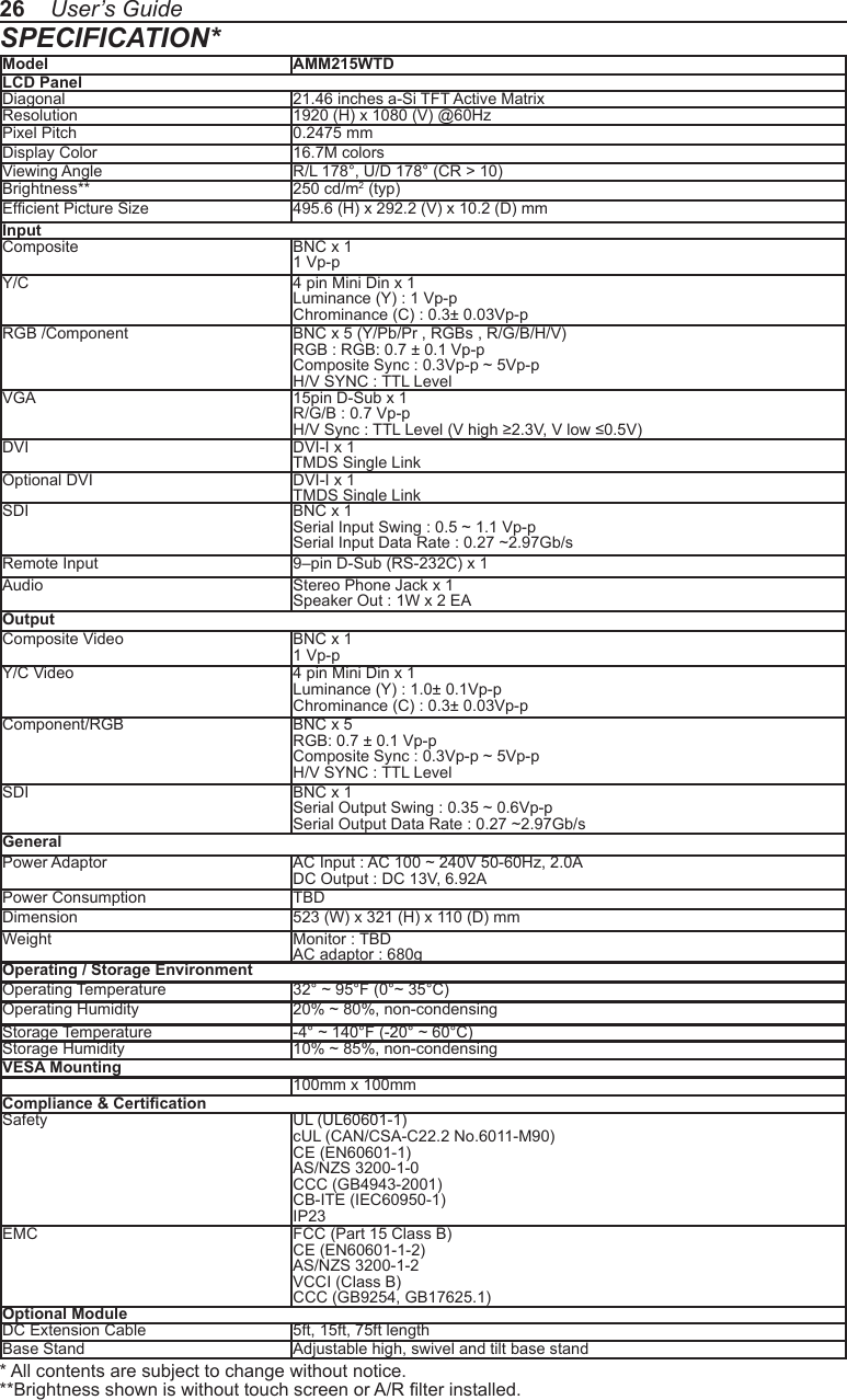 26    User’s GuideSPECIFICATION*Model AMM215WTDLCD PanelDiagonal 21.46 inches a-Si TFT Active MatrixResolution 1920 (H) x 1080 (V) @60HzPixel Pitch 0.2475 mmDisplay Color 16.7M colorsViewing Angle R/L 178°, U/D 178° (CR &gt; 10)Brightness** 250 cd/m2 (typ)Efcient Picture Size 495.6 (H) x 292.2 (V) x 10.2 (D) mmInputComposite BNC x 11 Vp-pY/C 4 pin Mini Din x 1Luminance (Y) : 1 Vp-pChrominance (C) : 0.3± 0.03Vp-pRGB /Component BNC x 5 (Y/Pb/Pr , RGBs , R/G/B/H/V)RGB : RGB: 0.7 ± 0.1 Vp-pComposite Sync : 0.3Vp-p ~ 5Vp-pH/V SYNC : TTL Level VGA 15pin D-Sub x 1R/G/B : 0.7 Vp-pH/V Sync : TTL Level (V high ≥2.3V, V low ≤0.5V) DVI DVI-I x 1TMDS Single LinkOptional DVI DVI-I x 1TMDS Single LinkSDI BNC x 1Serial Input Swing : 0.5 ~ 1.1 Vp-pSerial Input Data Rate : 0.27 ~2.97Gb/sRemote Input 9–pin D-Sub (RS-232C) x 1Audio Stereo Phone Jack x 1Speaker Out : 1W x 2 EAOutputComposite Video BNC x 11 Vp-pY/C Video 4 pin Mini Din x 1Luminance (Y) : 1.0± 0.1Vp-p Chrominance (C) : 0.3± 0.03Vp-pComponent/RGB BNC x 5RGB: 0.7 ± 0.1 Vp-pComposite Sync : 0.3Vp-p ~ 5Vp-pH/V SYNC : TTL LevelSDI BNC x 1Serial Output Swing : 0.35 ~ 0.6Vp-pSerial Output Data Rate : 0.27 ~2.97Gb/sGeneralPower Adaptor AC Input : AC 100 ~ 240V 50-60Hz, 2.0ADC Output : DC 13V, 6.92APower Consumption TBDDimension 523 (W) x 321 (H) x 110 (D) mmWeight Monitor : TBDAC adaptor : 680gOperating / Storage EnvironmentOperating Temperature 32° ~ 95°F (0°~ 35°C)Operating Humidity 20% ~ 80%, non-condensingStorage Temperature -4° ~ 140°F (-20° ~ 60°C)Storage Humidity 10% ~ 85%, non-condensingVESA Mounting100mm x 100mmCompliance &amp; CerticationSafety UL (UL60601-1)cUL (CAN/CSA-C22.2 No.6011-M90)CE (EN60601-1)AS/NZS 3200-1-0CCC (GB4943-2001)CB-ITE (IEC60950-1)IP23EMC FCC (Part 15 Class B)CE (EN60601-1-2)AS/NZS 3200-1-2VCCI (Class B)CCC (GB9254, GB17625.1)Optional ModuleDC Extension Cable 5ft, 15ft, 75ft lengthBase Stand Adjustable high, swivel and tilt base stand* All contents are subject to change without notice.**Brightness shown is without touch screen or A/R lter installed.