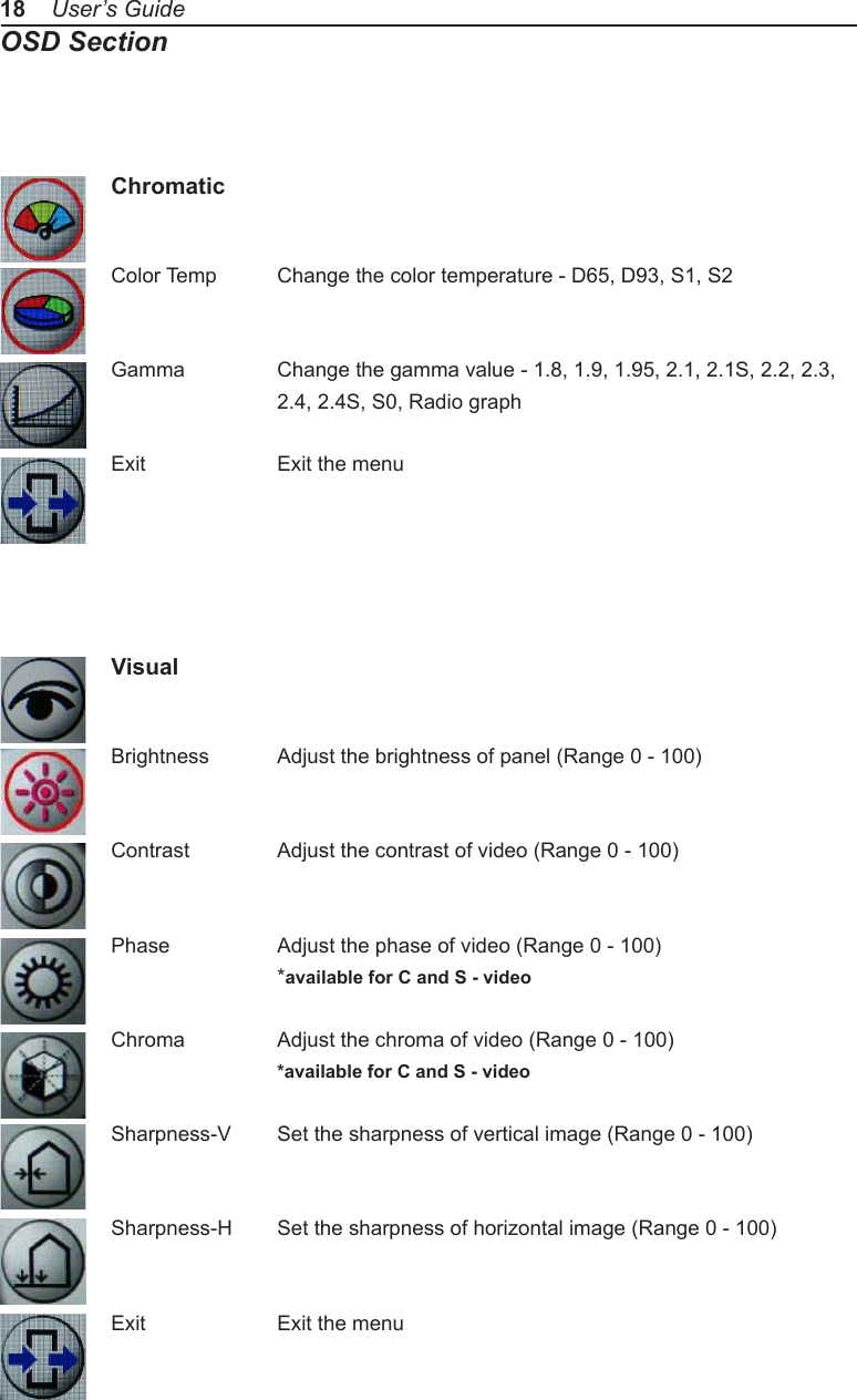 18    User’s GuideOSD SectionChromaticColor Temp  Change the color temperature - D65, D93, S1, S2Gamma    Change the gamma value - 1.8, 1.9, 1.95, 2.1, 2.1S, 2.2, 2.3,     2.4, 2.4S, S0, Radio graphExit    Exit the menuVisualBrightness  Adjust the brightness of panel (Range 0 - 100)Contrast   Adjust the contrast of video (Range 0 - 100)Phase    Adjust the phase of video (Range 0 - 100)  *available for C and S - videoChroma    Adjust the chroma of video (Range 0 - 100)    *available for C and S - videoSharpness-V  Set the sharpness of vertical image (Range 0 - 100)Sharpness-H  Set the sharpness of horizontal image (Range 0 - 100) Exit    Exit the menu