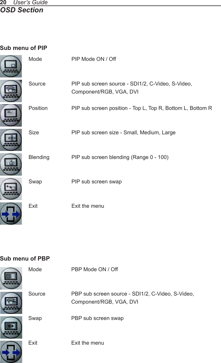 20    User’s GuideOSD SectionMode    PIP Mode ON / OffSource    PIP sub screen source - SDI1/2, C-Video, S-Video,     Component/RGB, VGA, DVIPosition    PIP sub screen position - Top L, Top R, Bottom L, Bottom RSize   PIP sub screen size - Small, Medium, LargeBlending   PIP sub screen blending (Range 0 - 100)Swap    PIP sub screen swapExit    Exit the menuMode    PBP Mode ON / OffSource    PBP sub screen source - SDI1/2, C-Video, S-Video,     Component/RGB, VGA, DVISwap    PBP sub screen swapExit    Exit the menuSub menu of PBPSub menu of PIP
