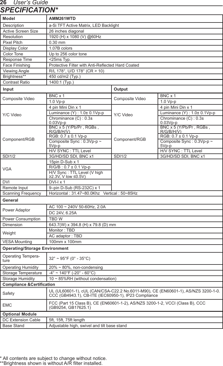 26    User’s GuideSPECIFICATION** All contents are subject to change without notice.**Brightness shown is without A/R lter installed.Model AMM261WTDDescription a-Si TFT Active Matrix, LED BacklightActive Screen Size 26 inches diagonalResolution 1920 (H) x 1080 (V) @60HzPixel Pitch 0.30 mmDisplay Color 1.07B colorsColor Tone Up to 256 color toneResponse Time &lt;25ms Typ.Face Finishing Protective Filter with Anti-Reected Hard CoatedViewing Angle R/L 178°, U/D 178° (CR &gt; 10)Brightness** 450 cd/m2 (Typ.)Contrast Ratio 1400:1 (Typ.)Input OutputComposite Video BNC x 1 Composite Video BNC x 11.0 Vp-p 1.0 Vp-pY/C Video4 pin Mini Din x 1Y/C Video4 pin Mini Din x 1Luminance (Y) : 1.0± 0.1Vp-p Luminance (Y) : 1.0± 0.1Vp-pChrominance (C) : 0.3± 0.03Vp-pChrominance (C) : 0.3± 0.03Vp-pComponent/RGBBNC x 5 (Y/Pb/Pr , RGBs , R/G/B/H/V)Component/RGBBNC x 5 (Y/Pb/Pr , RGBs , R/G/B/H/V)RGB: 0.7 ± 0.1 Vp-p RGB: 0.7 ± 0.1 Vp-pComposite Sync : 0.3Vp-p ~ 5Vp-pComposite Sync : 0.3Vp-p ~ 5Vp-pH/V SYNC : TTL Level H/V SYNC : TTL LevelSDI1/2 3G/HD/SD SDI, BNC x1 SDI1/2 3G/HD/SD SDI, BNC x1VGA15pin D-Sub x 1R/G/B : 0.7 ± 0.1 Vp-pH/V Sync : TTL Level (V high ≥2.3V, V low ≤0.5V)DVI DVI-I x 1 Remote Input 9–pin D-Sub (RS-232C) x 1Scanning Frequency Horizontal : 31.47~80.0Khz   Vertical : 50~85HzGeneralPower Adaptor AC 100 ~ 240V 50-60Hz, 2.0ADC 24V, 6.25APower Consumption TBD WDimension 643.7(W) x 394.8 (H) x 79.8 (D) mmWeight Monitor : TBDAC adaptor : TBDVESA Mounting 100mm x 100mmOperating/Storage EnvironmentOperating Tempera-ture 32° ~ 95°F (0° - 35°C)Operating Humidity 20% ~ 80%, non-condensingStorage Temperature -4° ~ 140°F (-20° - 60°C)Storage Humidity 10 ~ 85%RH (without condensation)Compliance &amp;CerticationSafety UL (UL60601-1), cUL (CAN/CSA-C22.2 No.6011-M90), CE (EN60601-1), AS/NZS 3200-1-0. CCC (GB4943.1), CB-ITE (IEC60950-1), IP23 ComplianceEMC FCC (Part 15 Class B), CE (EN60601-1-2), AS/NZS 3200-1-2, VCCI (Class B), CCC (GB9254, GB17625.1)Optional ModuleDC Extension Cable 5ft, 15ft, 75ft lengthBase Stand Adjustable high, swivel and tilt base stand