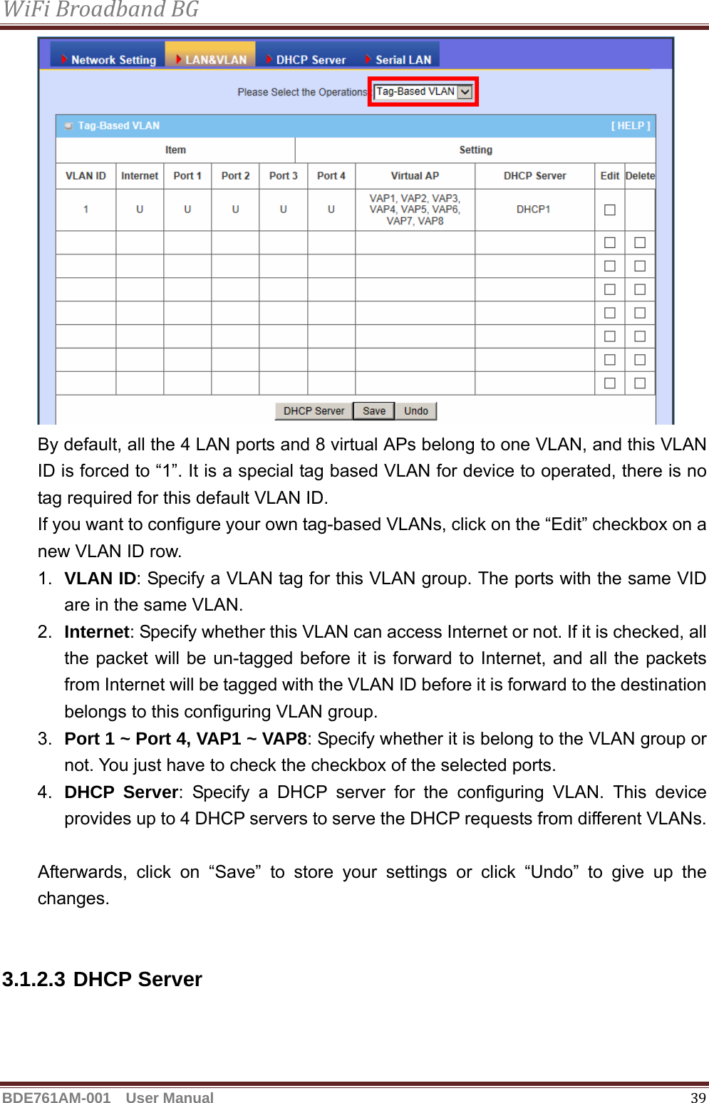 WiFiBroadbandBGBDE761AM-001  User Manual   39 By default, all the 4 LAN ports and 8 virtual APs belong to one VLAN, and this VLAN ID is forced to “1”. It is a special tag based VLAN for device to operated, there is no tag required for this default VLAN ID. If you want to configure your own tag-based VLANs, click on the “Edit” checkbox on a new VLAN ID row. 1.  VLAN ID: Specify a VLAN tag for this VLAN group. The ports with the same VID are in the same VLAN. 2.  Internet: Specify whether this VLAN can access Internet or not. If it is checked, all the packet will be un-tagged before it is forward to Internet, and all the packets from Internet will be tagged with the VLAN ID before it is forward to the destination belongs to this configuring VLAN group. 3.  Port 1 ~ Port 4, VAP1 ~ VAP8: Specify whether it is belong to the VLAN group or not. You just have to check the checkbox of the selected ports. 4.  DHCP Server: Specify a DHCP server for the configuring VLAN. This device provides up to 4 DHCP servers to serve the DHCP requests from different VLANs.  Afterwards, click on “Save” to store your settings or click “Undo” to give up the changes.   3.1.2.3 DHCP Server 