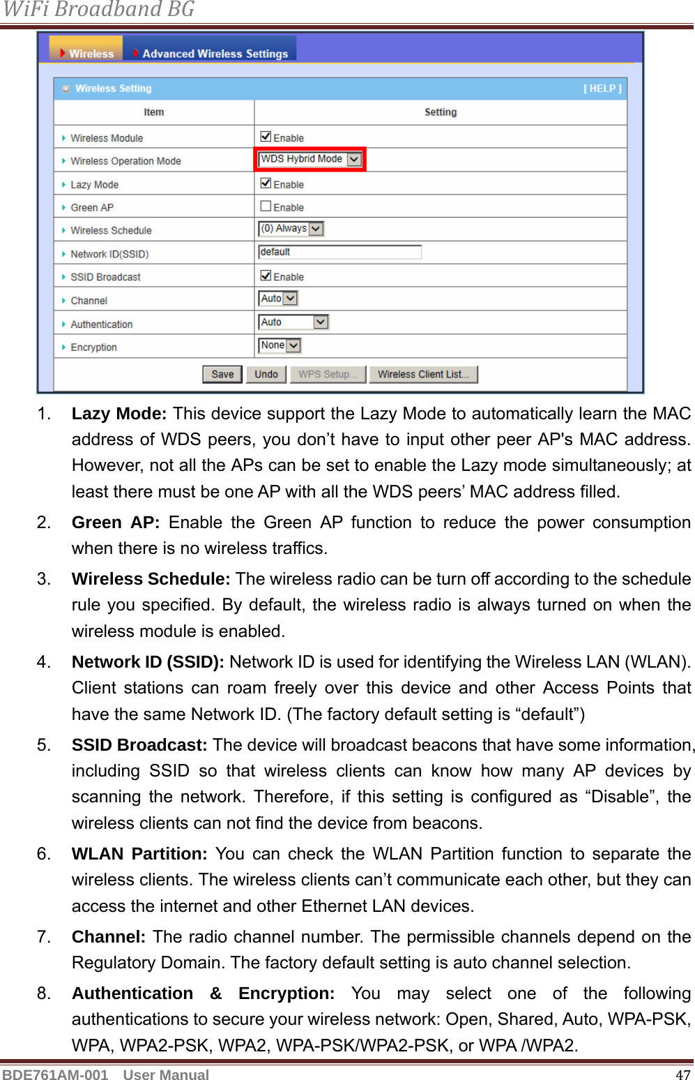 WiFiBroadbandBGBDE761AM-001  User Manual   47 1.  Lazy Mode: This device support the Lazy Mode to automatically learn the MAC address of WDS peers, you don’t have to input other peer AP&apos;s MAC address. However, not all the APs can be set to enable the Lazy mode simultaneously; at least there must be one AP with all the WDS peers’ MAC address filled. 2.  Green AP: Enable the Green AP function to reduce the power consumption when there is no wireless traffics. 3.  Wireless Schedule: The wireless radio can be turn off according to the schedule rule you specified. By default, the wireless radio is always turned on when the wireless module is enabled. 4.  Network ID (SSID): Network ID is used for identifying the Wireless LAN (WLAN). Client stations can roam freely over this device and other Access Points that have the same Network ID. (The factory default setting is “default”) 5.  SSID Broadcast: The device will broadcast beacons that have some information, including SSID so that wireless clients can know how many AP devices by scanning the network. Therefore, if this setting is configured as “Disable”, the wireless clients can not find the device from beacons. 6.  WLAN Partition: You can check the WLAN Partition function to separate the wireless clients. The wireless clients can’t communicate each other, but they can access the internet and other Ethernet LAN devices. 7.  Channel: The radio channel number. The permissible channels depend on the Regulatory Domain. The factory default setting is auto channel selection. 8.  Authentication &amp; Encryption: You may select one of the following authentications to secure your wireless network: Open, Shared, Auto, WPA-PSK, WPA, WPA2-PSK, WPA2, WPA-PSK/WPA2-PSK, or WPA /WPA2. 