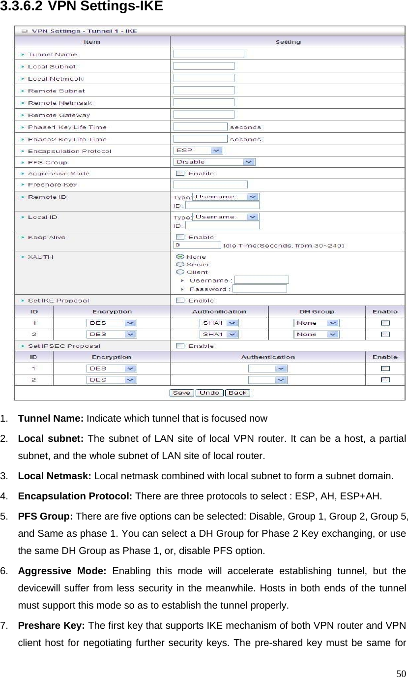  503.3.6.2 VPN Settings-IKE  1.  Tunnel Name: Indicate which tunnel that is focused now 2.  Local subnet: The subnet of LAN site of local VPN router. It can be a host, a partial subnet, and the whole subnet of LAN site of local router. 3.  Local Netmask: Local netmask combined with local subnet to form a subnet domain. 4.  Encapsulation Protocol: There are three protocols to select : ESP, AH, ESP+AH.   5.  PFS Group: There are five options can be selected: Disable, Group 1, Group 2, Group 5, and Same as phase 1. You can select a DH Group for Phase 2 Key exchanging, or use the same DH Group as Phase 1, or, disable PFS option. 6.  Aggressive Mode: Enabling this mode will accelerate establishing tunnel, but the devicewill suffer from less security in the meanwhile. Hosts in both ends of the tunnel must support this mode so as to establish the tunnel properly. 7.  Preshare Key: The first key that supports IKE mechanism of both VPN router and VPN client host for negotiating further security keys. The pre-shared key must be same for 