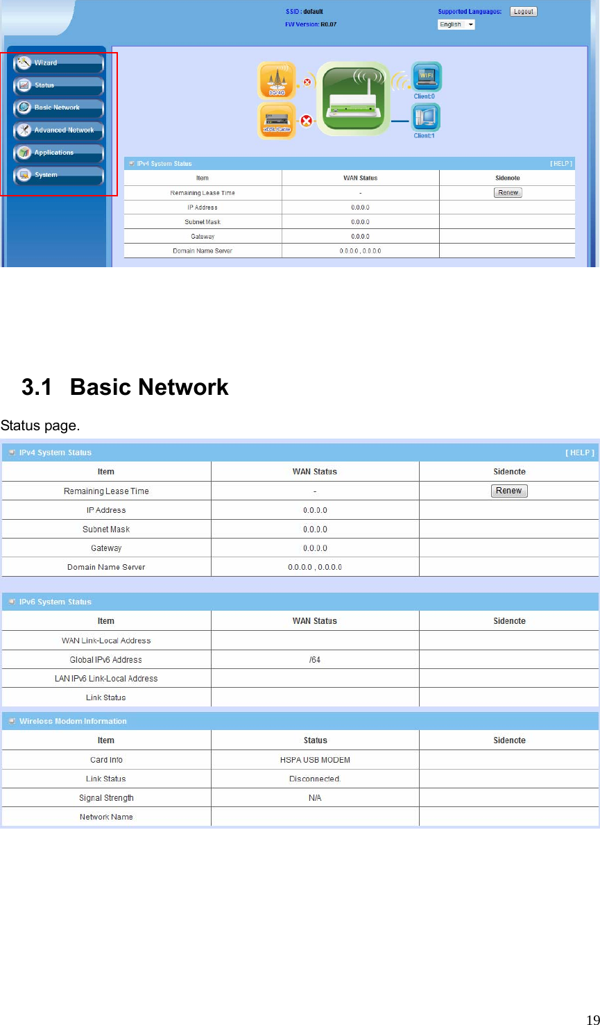  19   3.1 Basic Network Status page.  