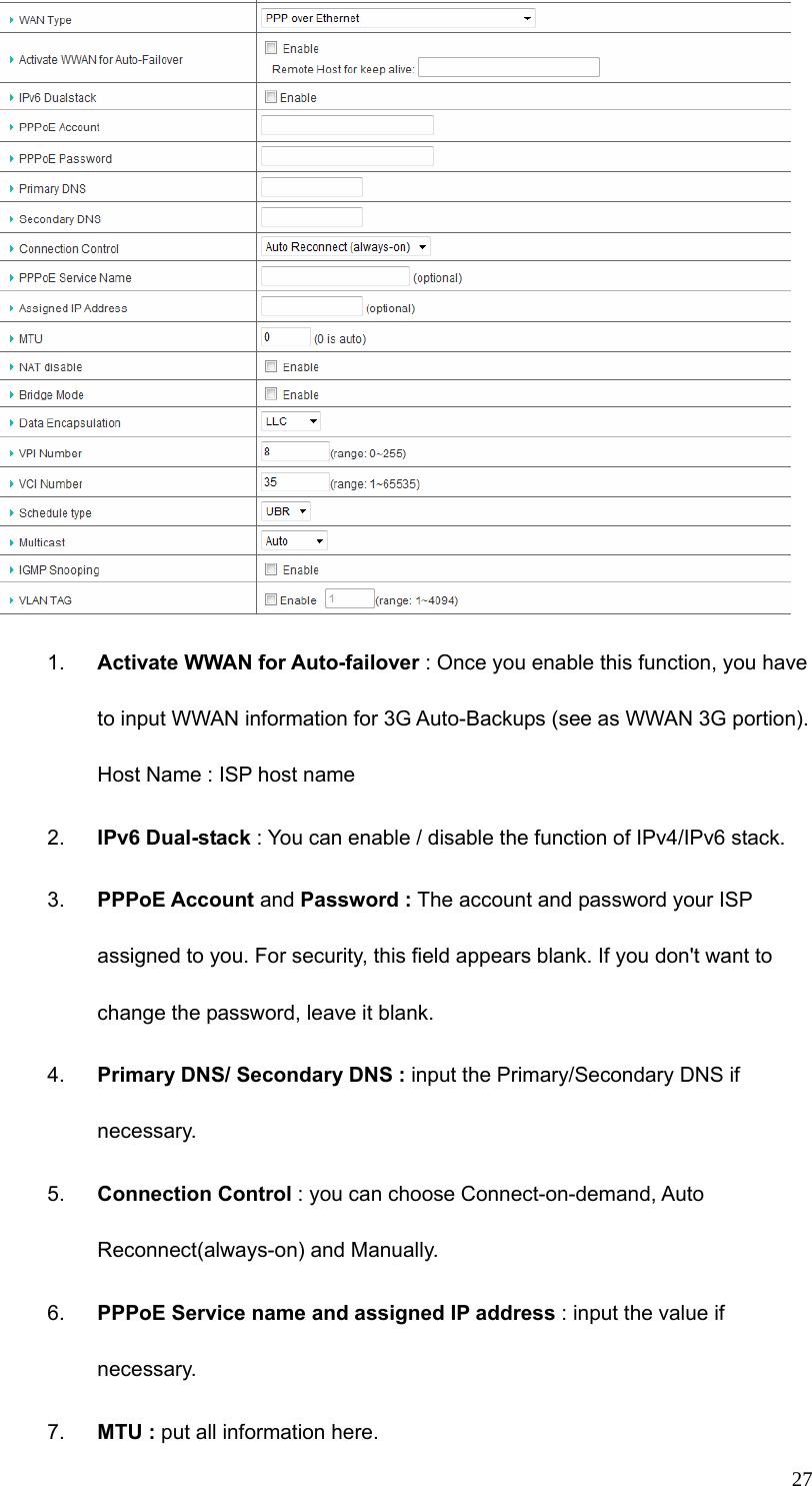  27 1.  Activate WWAN for Auto-failover : Once you enable this function, you have to input WWAN information for 3G Auto-Backups (see as WWAN 3G portion). Host Name : ISP host name 2.  IPv6 Dual-stack : You can enable / disable the function of IPv4/IPv6 stack. 3.  PPPoE Account and Password : The account and password your ISP assigned to you. For security, this field appears blank. If you don&apos;t want to change the password, leave it blank. 4.  Primary DNS/ Secondary DNS : input the Primary/Secondary DNS if necessary. 5.  Connection Control : you can choose Connect-on-demand, Auto Reconnect(always-on) and Manually. 6.  PPPoE Service name and assigned IP address : input the value if necessary. 7.  MTU : put all information here. 