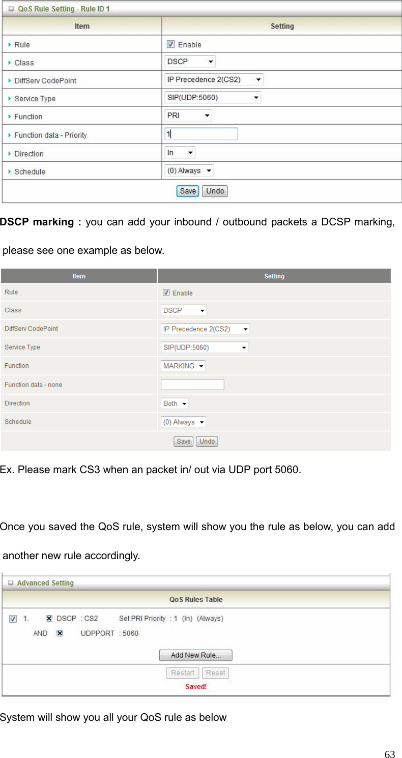  63 DSCP marking : you can add your inbound / outbound packets a DCSP marking, please see one example as below.  Ex. Please mark CS3 when an packet in/ out via UDP port 5060.  Once you saved the QoS rule, system will show you the rule as below, you can add another new rule accordingly.    System will show you all your QoS rule as below 