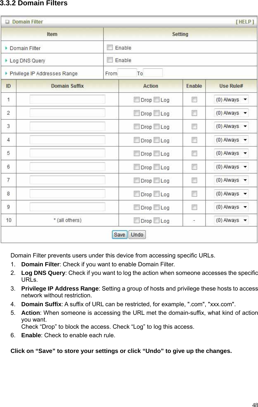  483.3.2 Domain Filters    Domain Filter prevents users under this device from accessing specific URLs.   1.  Domain Filter: Check if you want to enable Domain Filter.   2.  Log DNS Query: Check if you want to log the action when someone accesses the specific URLs.   3.  Privilege IP Address Range: Setting a group of hosts and privilege these hosts to access network without restriction.   4.  Domain Suffix: A suffix of URL can be restricted, for example, &quot;.com&quot;, &quot;xxx.com&quot;.   5.  Action: When someone is accessing the URL met the domain-suffix, what kind of action you want. Check “Drop” to block the access. Check “Log” to log this access. 6.  Enable: Check to enable each rule.    Click on “Save” to store your settings or click “Undo” to give up the changes.      