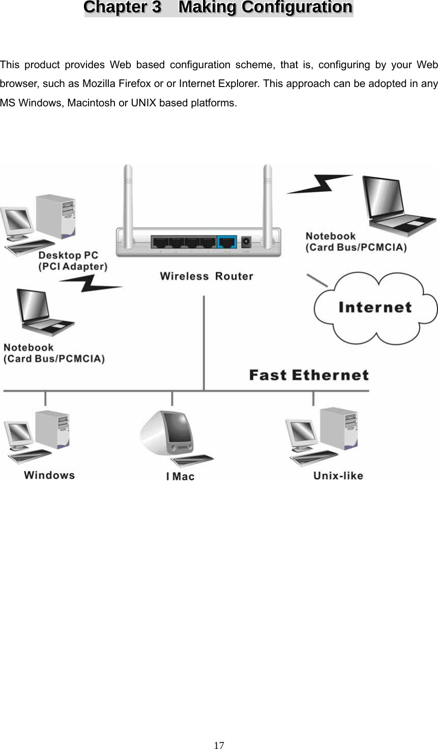  17CCChhhaaapppttteeerrr   333      MMMaaakkkiiinnnggg   CCCooonnnfffiiiggguuurrraaatttiiiooonnn    This product provides Web based configuration scheme, that is, configuring by your Web browser, such as Mozilla Firefox or or Internet Explorer. This approach can be adopted in any MS Windows, Macintosh or UNIX based platforms.               