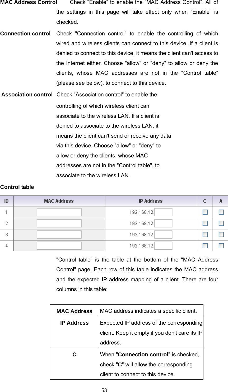  53MAC Address Control  Check “Enable” to enable the “MAC Address Control”. All of the settings in this page will take effect only when “Enable” is checked. Connection control  Check &quot;Connection control&quot; to enable the controlling of which wired and wireless clients can connect to this device. If a client is denied to connect to this device, it means the client can&apos;t access to the Internet either. Choose &quot;allow&quot; or &quot;deny&quot; to allow or deny the clients, whose MAC addresses are not in the &quot;Control table&quot; (please see below), to connect to this device. Association control  Check &quot;Association control&quot; to enable the controlling of which wireless client can associate to the wireless LAN. If a client is denied to associate to the wireless LAN, it means the client can&apos;t send or receive any data via this device. Choose &quot;allow&quot; or &quot;deny&quot; to allow or deny the clients, whose MAC addresses are not in the &quot;Control table&quot;, to associate to the wireless LAN. Control table  &quot;Control table&quot; is the table at the bottom of the &quot;MAC Address Control&quot; page. Each row of this table indicates the MAC address and the expected IP address mapping of a client. There are four columns in this table:  MAC Address  MAC address indicates a specific client. IP Address  Expected IP address of the corresponding client. Keep it empty if you don&apos;t care its IP address. C  When &quot;Connection control&quot; is checked, check &quot;C&quot; will allow the corresponding client to connect to this device. 