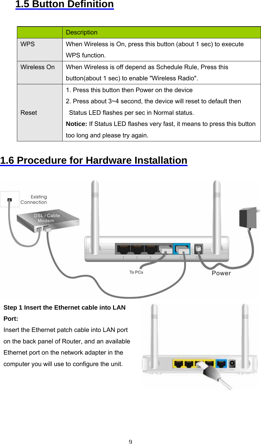  91.5 Button Definition       Description WPS   When Wireless is On, press this button (about 1 sec) to execute WPS function. Wireless On    When Wireless is off depend as Schedule Rule, Press this button(about 1 sec) to enable &quot;Wireless Radio&quot;.   Reset 1. Press this button then Power on the device   2. Press about 3~4 second, the device will reset to default then Status LED flashes per sec in Normal status. Notice: If Status LED flashes very fast, it means to press this button too long and please try again.    1.6 Procedure for Hardware Installation   Step 1 Insert the Ethernet cable into LAN Port: Insert the Ethernet patch cable into LAN port on the back panel of Router, and an available Ethernet port on the network adapter in the computer you will use to configure the unit.   