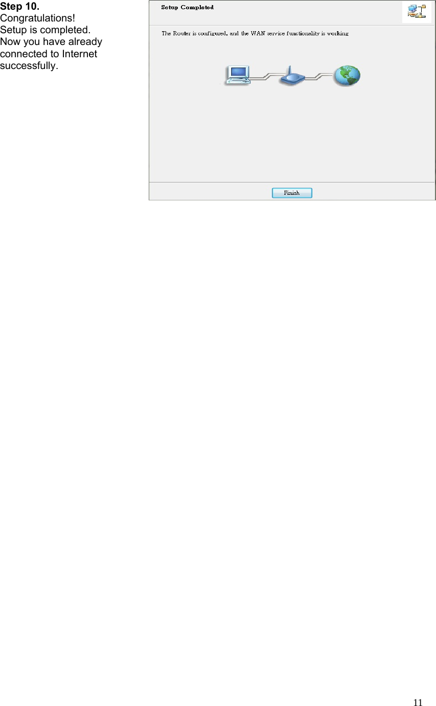  11Step 10. Congratulations!  Setup is completed. Now you have already connected to Internet successfully.                         