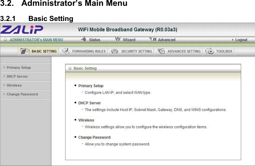 3.2. Administrator’s Main Menu 3.2.1 Basic Setting 