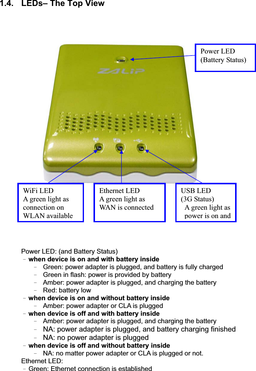 1.4.  LEDs– The Top View Power LED: (and Battery Status) Ωwhen device is on and with battery inside Ω  Green: power adapter is plugged, and battery is fully charged Ω  Green in flash: power is provided by battery Ω  Amber: power adapter is plugged, and charging the battery Ω  Red: battery low Ωwhen device is on and without battery inside Ω  Amber: power adapter or CLA is plugged Ωwhen device is off and with battery inside Ω  Amber: power adapter is plugged, and charging the battery ΩNA: power adapter is plugged, and battery charging finishedΩNA: no power adapter is pluggedΩwhen device is off and without battery inside Ω  NA: no matter power adapter or CLA is plugged or not.Ethernet LED:   Ω Green: Ethernet connection is established USB LED (3G Status) A green light as power is on and Ethernet LED A green light as WAN is connected WiFi LED A green light as connection on WLAN available Power LED (Battery Status) 