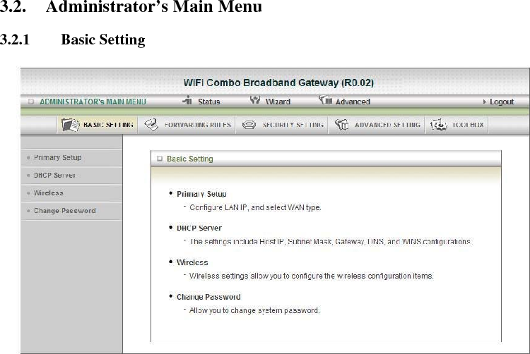 3.2. Administrator’s Main Menu  3.2.1 Basic Setting         