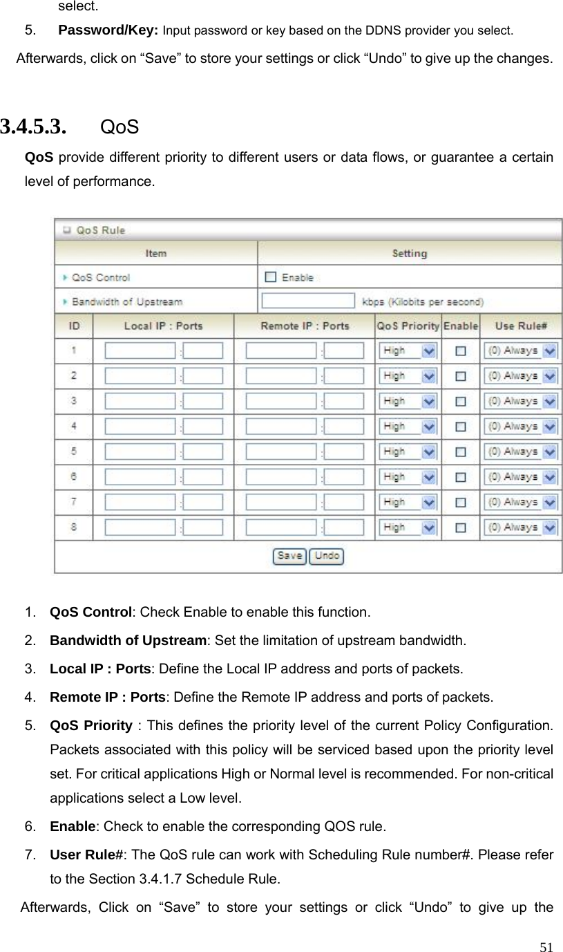  51select. 5.  Password/Key: Input password or key based on the DDNS provider you select. Afterwards, click on “Save” to store your settings or click “Undo” to give up the changes.  3.4.5.3. QoS QoS provide different priority to different users or data flows, or guarantee a certain level of performance.    1.  QoS Control: Check Enable to enable this function. 2.  Bandwidth of Upstream: Set the limitation of upstream bandwidth. 3.  Local IP : Ports: Define the Local IP address and ports of packets. 4.  Remote IP : Ports: Define the Remote IP address and ports of packets. 5.  QoS Priority : This defines the priority level of the current Policy Configuration. Packets associated with this policy will be serviced based upon the priority level set. For critical applications High or Normal level is recommended. For non-critical applications select a Low level. 6.  Enable: Check to enable the corresponding QOS rule. 7.  User Rule#: The QoS rule can work with Scheduling Rule number#. Please refer to the Section 3.4.1.7 Schedule Rule.  Afterwards, Click on “Save” to store your settings or click “Undo” to give up the 