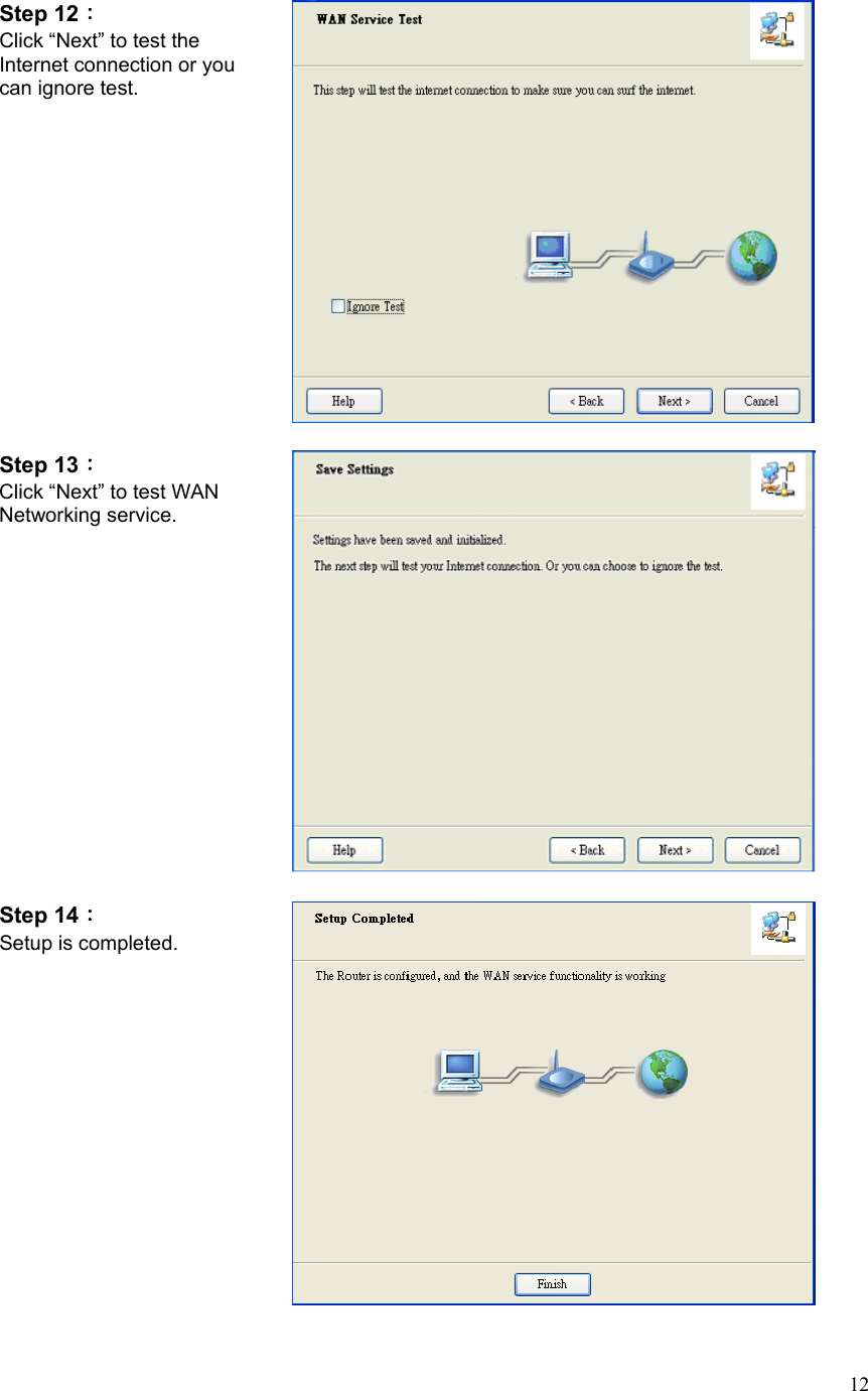  12Step 12： Click “Next” to test the Internet connection or you can ignore test.   Step 13： Click “Next” to test WAN Networking service.   Step 14： Setup is completed.   