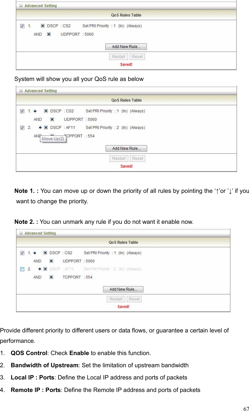  67 System will show you all your QoS rule as below   Note 1. : You can move up or down the priority of all rules by pointing the ‘↑’or ’↓’ if you want to change the priority.    Note 2. : You can unmark any rule if you do not want it enable now.   Provide different priority to different users or data flows, or guarantee a certain level of performance. 1.  QOS Control: Check Enable to enable this function. 2.  Bandwidth of Upstream: Set the limitation of upstream bandwidth 3.  Local IP : Ports: Define the Local IP address and ports of packets 4.  Remote IP : Ports: Define the Remote IP address and ports of packets 