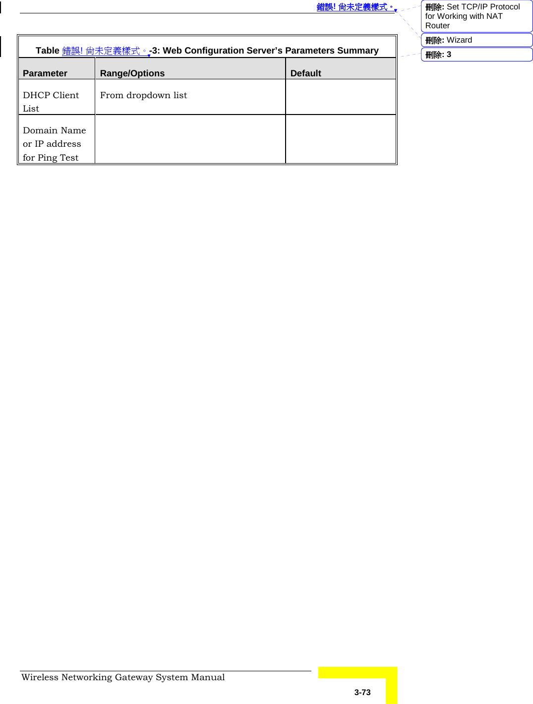  錯誤! 尚未定義樣式。 Wireless Networking Gateway System Manual   3-73 Table 錯誤! 尚未定義樣式。-3: Web Configuration Server’s Parameters Summary Parameter  Range/Options  Default DHCP Client List From dropdown list   Domain Name or IP address for Ping Test    刪除: Set TCP/IP Protocol for Working with NAT Router刪除: Wizard刪除:  3