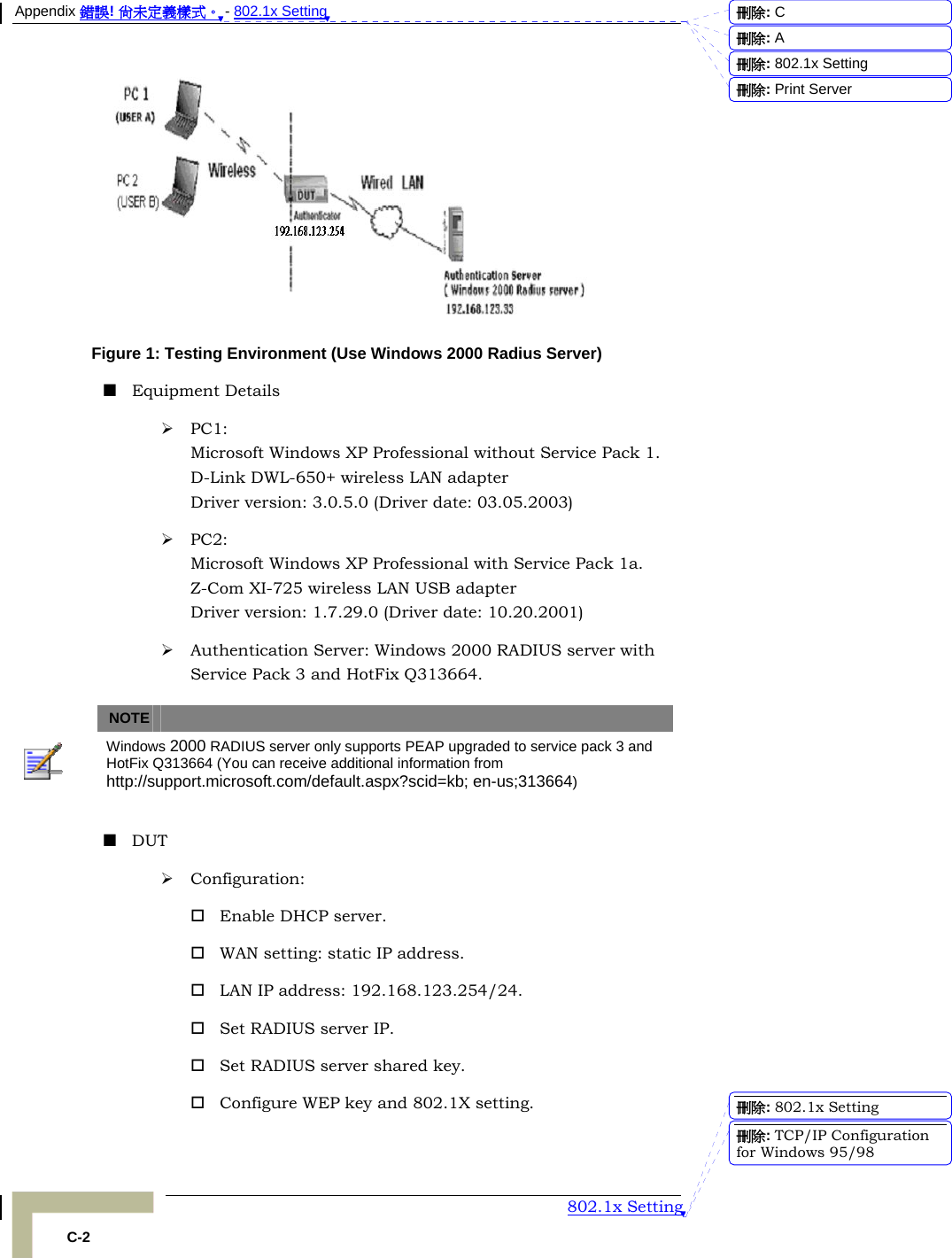 Appendix 錯誤! 尚未定義樣式。 - 802.1x Setting  802.1x Setting C-2  Figure 1: Testing Environment (Use Windows 2000 Radius Server)  Equipment Details ¾ PC1:  Microsoft Windows XP Professional without Service Pack 1. D-Link DWL-650+ wireless LAN adapter Driver version: 3.0.5.0 (Driver date: 03.05.2003) ¾ PC2:  Microsoft Windows XP Professional with Service Pack 1a. Z-Com XI-725 wireless LAN USB adapter Driver version: 1.7.29.0 (Driver date: 10.20.2001) ¾ Authentication Server: Windows 2000 RADIUS server with Service Pack 3 and HotFix Q313664.   NOTE    Windows 2000 RADIUS server only supports PEAP upgraded to service pack 3 and HotFix Q313664 (You can receive additional information from http://support.microsoft.com/default.aspx?scid=kb; en-us;313664)   DUT ¾ Configuration:  Enable DHCP server.  WAN setting: static IP address.  LAN IP address: 192.168.123.254/24.  Set RADIUS server IP.  Set RADIUS server shared key.  Configure WEP key and 802.1X setting. 刪除:  C刪除:  A刪除: 802.1x Setting刪除: Print Server刪除: 802.1x Setting刪除: TCP/IP Configuration for Windows 95/98