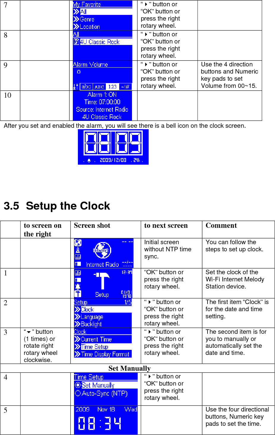 7   “” button or “OK” button or press the right rotary wheel.  8   “” button or “OK” button or press the right rotary wheel.  9   “” button or “OK” button or press the right rotary wheel. Use the 4 direction buttons and Numeric key pads to set Volume from 00~15.10     After you set and enabled the alarm, you will see there is a bell icon on the clock screen.     3.5  Setup the Clock   to screen on the right  Screen shot  to next screen  Comment    Initial screen without NTP time sync. You can follow the steps to set up clock. 1    “OK” button or press the right rotary wheel. Set the clock of the Wi-Fi Internet Melody Station device. 2    “” button or “OK” button or press the right rotary wheel. The first item “Clock” is for the date and time setting. 3  “” button (1 times) or rotate right rotary wheel clockwise.   “” button or “OK” button or press the right rotary wheel. The second item is for you to manually or automatically set the date and time. Set Manually 4    “” button or “OK” button or press the right rotary wheel.  5     Use the four directional buttons, Numeric key pads to set the time. 