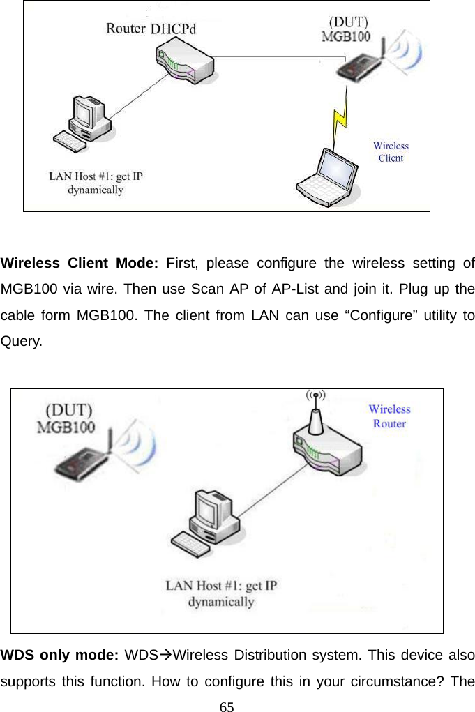   Wireless Client Mode: First, please configure the wireless setting of MGB100 via wire. Then use Scan AP of AP-List and join it. Plug up the cable form MGB100. The client from LAN can use “Configure” utility to Query.         WDS only mode: WDSÆWireless Distribution system. This device also supports this function. How to configure this in your circumstance? The  65