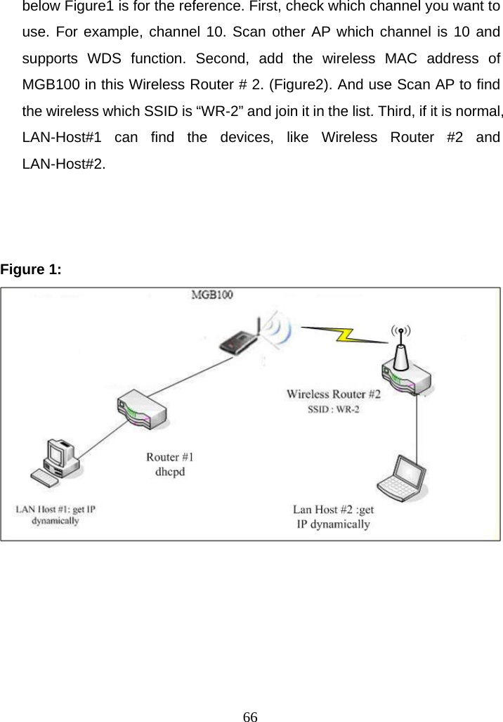 below Figure1 is for the reference. First, check which channel you want to use. For example, channel 10. Scan other AP which channel is 10 and supports WDS function. Second, add the wireless MAC address of MGB100 in this Wireless Router # 2. (Figure2). And use Scan AP to find the wireless which SSID is “WR-2” and join it in the list. Third, if it is normal, LAN-Host#1 can find the devices, like Wireless Router #2 and LAN-Host#2.    Figure 1:       66