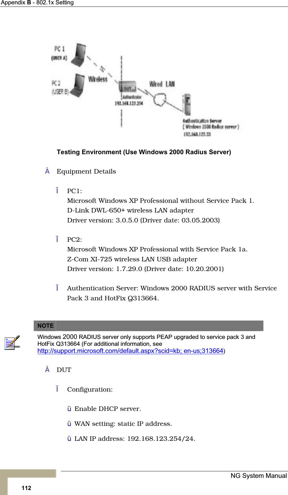 Appendix B - 802.1x SettingTesting Environment (Use Windows 2000 Radius Server)Equipment DetailsPC1:Microsoft Windows XP Professional without Service Pack 1.D-Link DWL-650+ wireless LAN adapterDriver version: 3.0.5.0 (Driver date: 03.05.2003)PC2:Microsoft Windows XP Professional with Service Pack 1a. Z-Com XI-725 wireless LAN USB adapterDriver version: 1.7.29.0 (Driver date: 10.20.2001)Authentication Server: Windows 2000 RADIUS server with ServicePack 3 and HotFix Q313664.NOTEWindows 2000 RADIUS server only supports PEAP upgraded to service pack 3 and HotFix Q313664 (For additional information, seehttp://support.microsoft.com/default.aspx?scid=kb; en-us;313664)DUTConfiguration:¾Enable DHCP server.¾WAN setting: static IP address.¾LAN IP address: 192.168.123.254/24.NG System Manual112