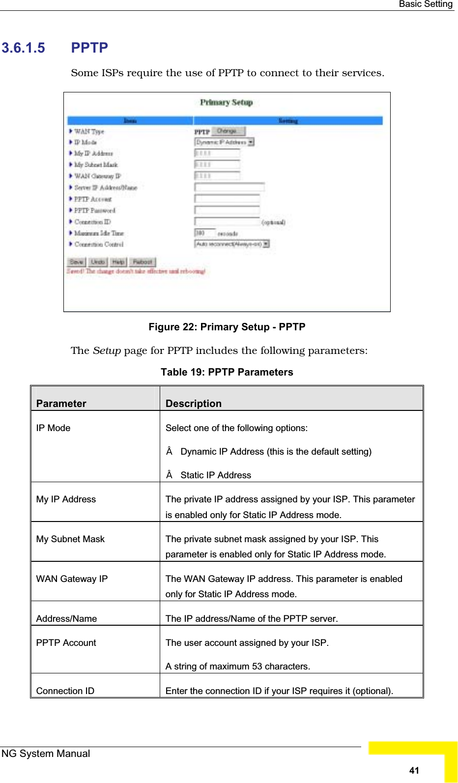 Basic Setting 3.6.1.5 PPTP Some ISPs require the use of PPTP to connect to their services.Figure 22: Primary Setup - PPTP The Setup page for PPTP includes the following parameters:Table 19: PPTP Parameters Parameter DescriptionIP Mode  Select one of the following options:Dynamic IP Address (this is the default setting)Static IP Address My IP Address The private IP address assigned by your ISP. This parameteris enabled only for Static IP Address mode.My Subnet Mask The private subnet mask assigned by your ISP. Thisparameter is enabled only for Static IP Address mode. WAN Gateway IP  The WAN Gateway IP address. This parameter is enabledonly for Static IP Address mode.Address/Name The IP address/Name of the PPTP server. PPTP Account  The user account assigned by your ISP. A string of maximum 53 characters.Connection ID  Enter the connection ID if your ISP requires it (optional).NG System Manual41
