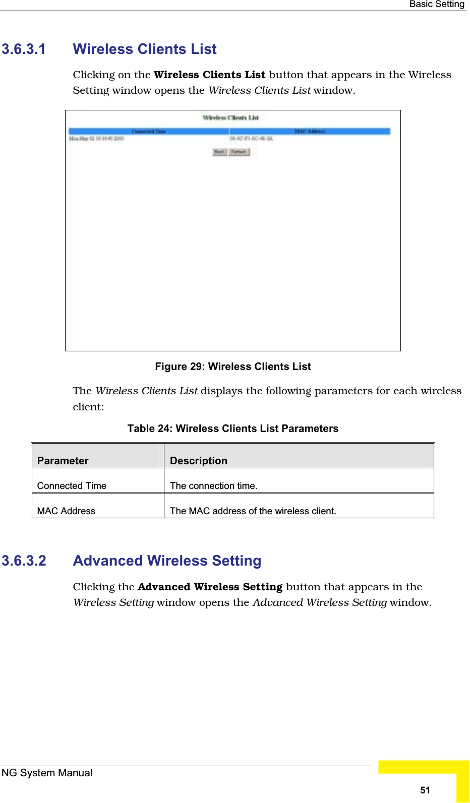 Basic Setting 3.6.3.1 Wireless Clients List Clicking on the Wireless Clients List button that appears in the WirelessSetting window opens the Wireless Clients List window.Figure 29: Wireless Clients List The Wireless Clients List displays the following parameters for each wirelessclient:Table 24: Wireless Clients List ParametersParameter DescriptionConnected Time The connection time. MAC Address  The MAC address of the wireless client.3.6.3.2 Advanced Wireless SettingClicking the Advanced Wireless Setting button that appears in theWireless Setting window opens the Advanced Wireless Setting window.NG System Manual51
