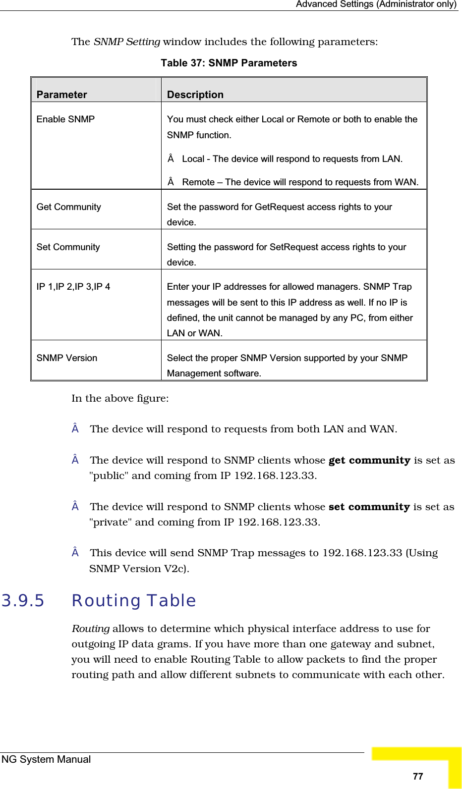 Advanced Settings (Administrator only)The SNMP Setting window includes the following parameters:Table 37: SNMP Parameters Parameter DescriptionEnable SNMP You must check either Local or Remote or both to enable theSNMP function. Local - The device will respond to requests from LAN.Remote – The device will respond to requests from WAN.Get Community Set the password for GetRequest access rights to yourdevice.Set Community Setting the password for SetRequest access rights to yourdevice.IP 1,IP 2,IP 3,IP 4  Enter your IP addresses for allowed managers. SNMP Trapmessages will be sent to this IP address as well. If no IP is defined, the unit cannot be managed by any PC, from either LAN or WAN.SNMP Version Select the proper SNMP Version supported by your SNMP Management software.In the above figure:The device will respond to requests from both LAN and WAN. The device will respond to SNMP clients whose get community is set as &quot;public&quot; and coming from IP 192.168.123.33.The device will respond to SNMP clients whose set community is set as &quot;private&quot; and coming from IP 192.168.123.33.This device will send SNMP Trap messages to 192.168.123.33 (Using SNMP Version V2c). 3.9.5 Routing TableRouting allows to determine which physical interface address to use foroutgoing IP data grams. If you have more than one gateway and subnet,you will need to enable Routing Table to allow packets to find the properrouting path and allow different subnets to communicate with each other.NG System Manual77