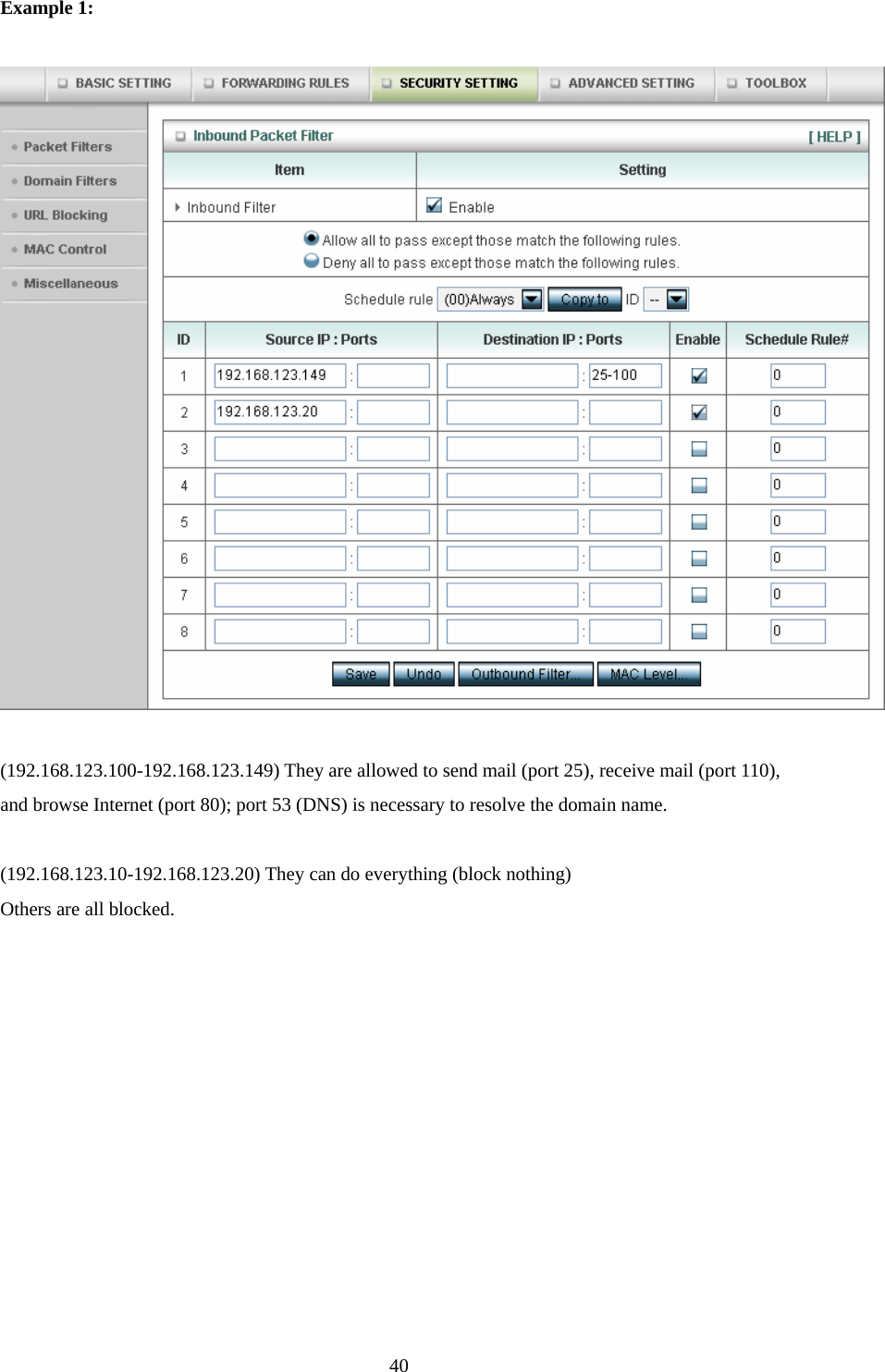  40Example 1:    (192.168.123.100-192.168.123.149) They are allowed to send mail (port 25), receive mail (port 110), and browse Internet (port 80); port 53 (DNS) is necessary to resolve the domain name.  (192.168.123.10-192.168.123.20) They can do everything (block nothing)   Others are all blocked. 