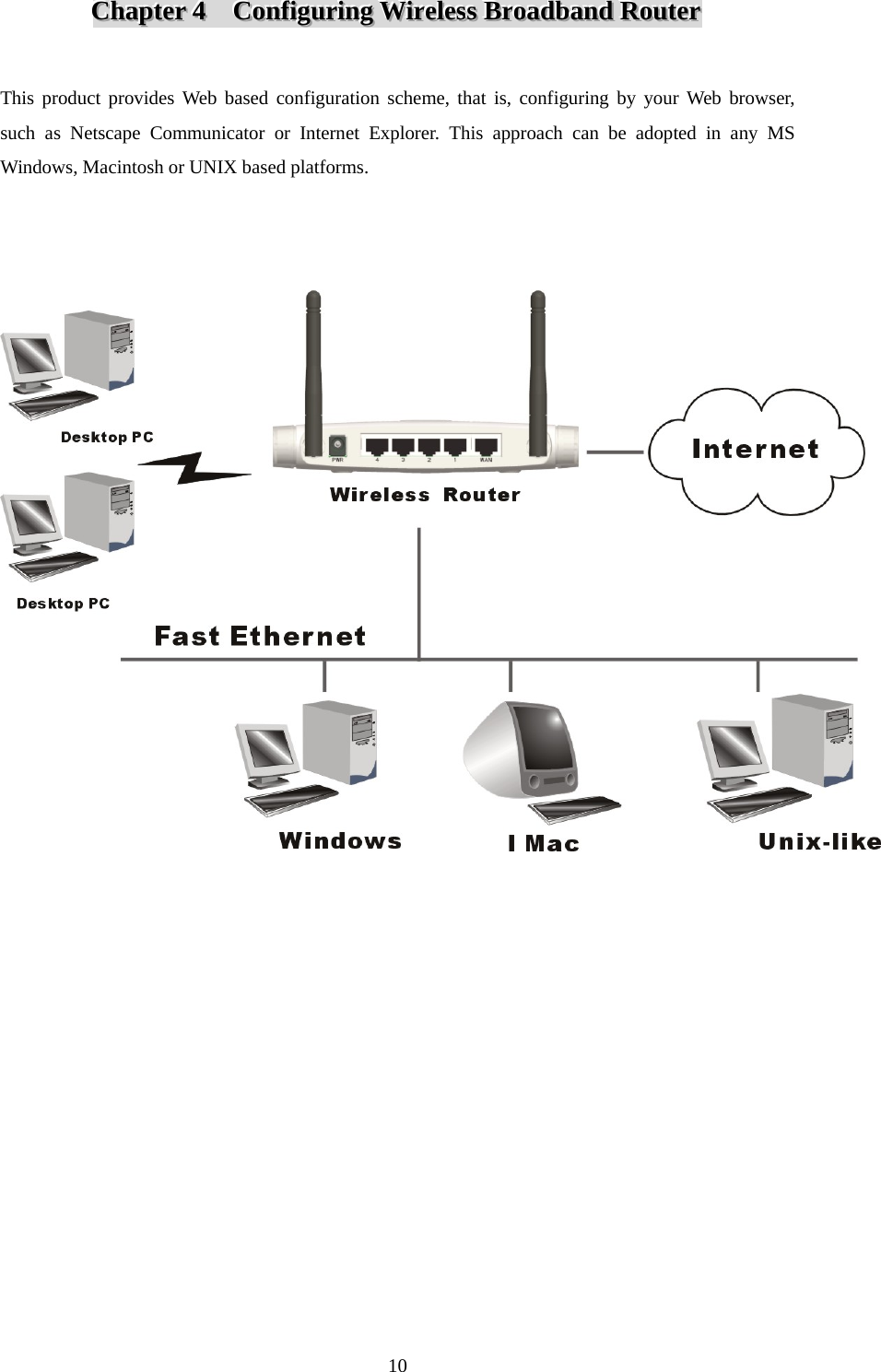 CCChhhaaapppttteeerrr   444      CCCooonnnfffiiiggguuurrriiinnnggg   WWWiiirrreeellleeessssss   BBBrrroooaaadddbbbaaannnddd   RRRooouuuttteeerrr    This product provides Web based configuration scheme, that is, configuring by your Web browser, such as Netscape Communicator or Internet Explorer. This approach can be adopted in any MS Windows, Macintosh or UNIX based platforms.                10