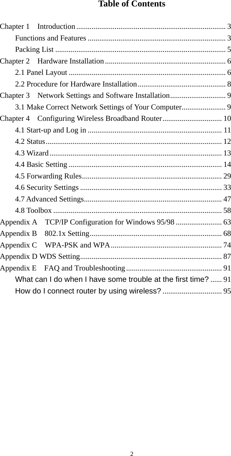 Table of Contents  Chapter 1    Introduction.............................................................................. 3 Functions and Features ........................................................................ 3 Packing List ......................................................................................... 5 Chapter 2    Hardware Installation............................................................... 6 2.1 Panel Layout .................................................................................. 6 2.2 Procedure for Hardware Installation.............................................. 8 Chapter 3    Network Settings and Software Installation............................. 9 3.1 Make Correct Network Settings of Your Computer....................... 9 Chapter 4    Configuring Wireless Broadband Router............................... 10 4.1 Start-up and Log in ...................................................................... 11 4.2 Status............................................................................................ 12 4.3 Wizard.......................................................................................... 13 4.4 Basic Setting ................................................................................ 14 4.5 Forwarding Rules......................................................................... 29 4.6 Security Settings .......................................................................... 33 4.7 Advanced Settings........................................................................ 47 4.8 Toolbox ........................................................................................ 58 Appendix A  TCP/IP Configuration for Windows 95/98 ........................ 63 Appendix B  802.1x Setting..................................................................... 68 Appendix C    WPA-PSK and WPA.......................................................... 74 Appendix D WDS Setting.......................................................................... 87 Appendix E  FAQ and Troubleshooting.................................................. 91 What can I do when I have some trouble at the first time? ...... 91 How do I connect router by using wireless? ............................... 95              2