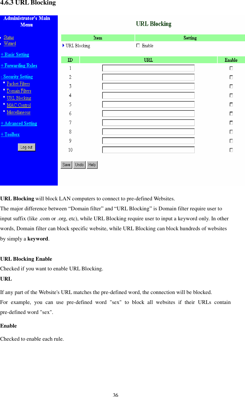  36 4.6.3 URL Blocking  URL Blocking will block LAN computers to connect to pre-defined Websites. The major difference between “Domain filter” and “URL Blocking” is Domain filter require user to input suffix (like .com or .org, etc), while URL Blocking require user to input a keyword only. In other words, Domain filter can block specific website, while URL Blocking can block hundreds of websites by simply a keyword.  URL Blocking Enable Checked if you want to enable URL Blocking.  URL If any part of the Website&apos;s URL matches the pre-defined word, the connection will be blocked. For example, you can use pre-defined word &quot;sex&quot; to block all websites if their URLs contain pre-defined word &quot;sex&quot;.  Enable Checked to enable each rule. 