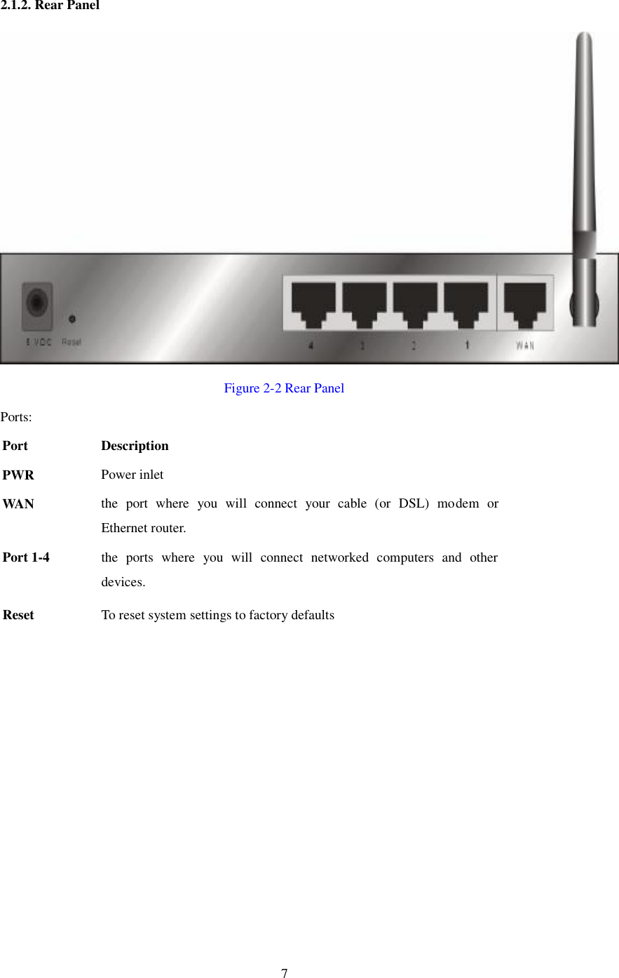 7 2.1.2. Rear Panel  Figure 2-2 Rear Panel Ports: Port Description PWR  Power inlet WAN  the port where you will connect your cable (or DSL) modem or Ethernet router. Port 1-4 the ports where you will connect networked computers and other devices. Reset  To reset system settings to factory defaults   