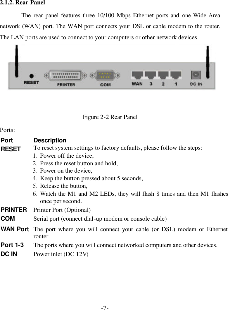 -7- 2.1.2. Rear Panel The rear panel features three 10/100 Mbps Ethernet ports and  one Wide Area network (WAN) port. The WAN port connects your DSL or cable modem to the router. The LAN ports are used to connect to your computers or other network devices.  Figure 2-2 Rear Panel Ports: Port Description RESET To reset system settings to factory defaults, please follow the steps: 1. Power off the device, 2. Press the reset button and hold, 3. Power on the device, 4. Keep the button pressed about 5 seconds, 5. Release the button, 6. Watch the M1 and M2 LEDs, they will flash 8 times and then M1 flashes once per second. PRINTER Printer Port (Optional) COM Serial port (connect dial-up modem or console cable) WAN Port The port where you will connect your cable (or DSL) modem or Ethernet router. Port 1-3 The ports where you will connect networked computers and other devices. DC IN Power inlet (DC 12V)  