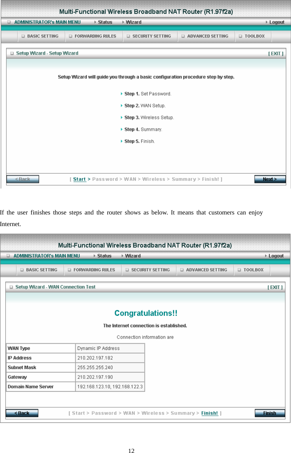   If the user finishes those steps and the router shows as below. It means that customers can enjoy Internet.    12