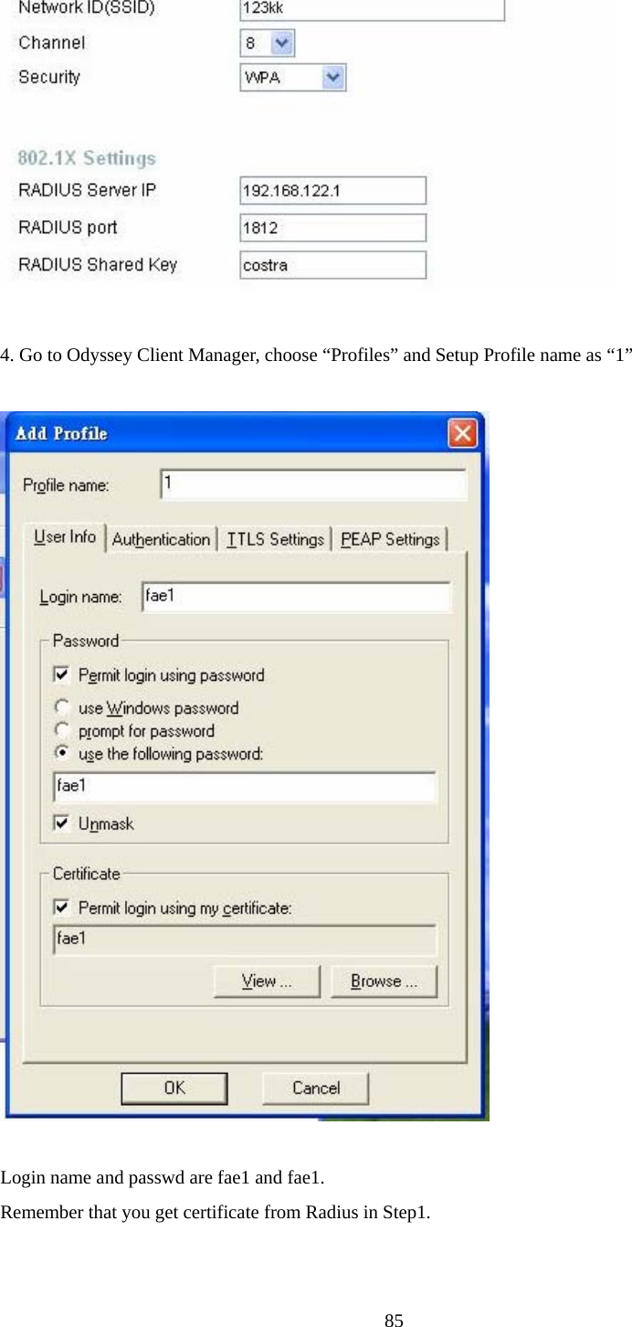   4. Go to Odyssey Client Manager, choose “Profiles” and Setup Profile name as “1”    Login name and passwd are fae1 and fae1. Remember that you get certificate from Radius in Step1.   85