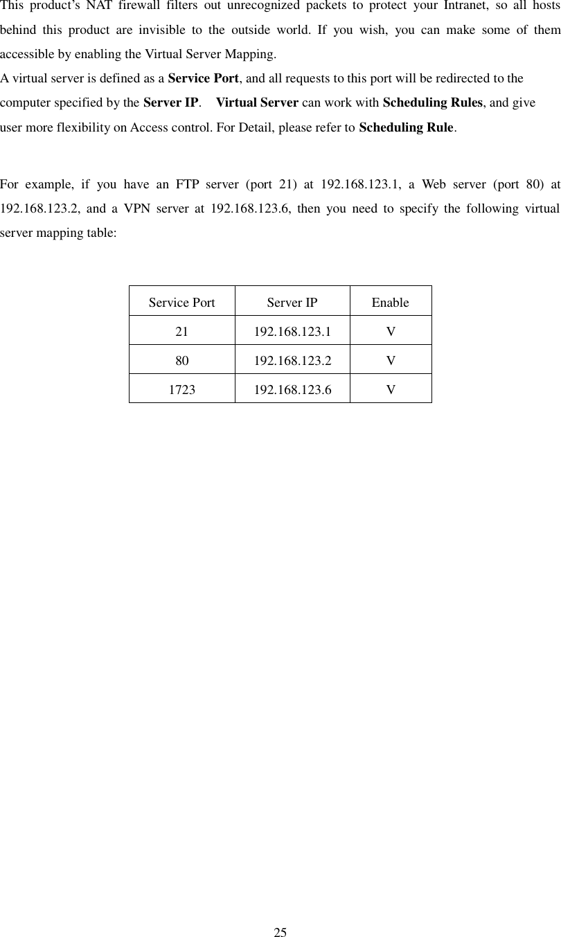  25  This product’s NAT firewall filters out unrecognized packets to protect your Intranet, so all hosts behind this product are invisible to the outside world. If you wish, you can make some of them accessible by enabling the Virtual Server Mapping. A virtual server is defined as a Service Port, and all requests to this port will be redirected to the computer specified by the Server IP.  Virtual Server can work with Scheduling Rules, and give user more flexibility on Access control. For Detail, please refer to Scheduling Rule.  For example, if you have an FTP server (port 21) at 192.168.123.1, a Web server (port 80) at 192.168.123.2, and a VPN server at 192.168.123.6, then you need to specify the following virtual server mapping table:  Service Port Server IP Enable 21 192.168.123.1 V 80 192.168.123.2 V 1723 192.168.123.6 V  