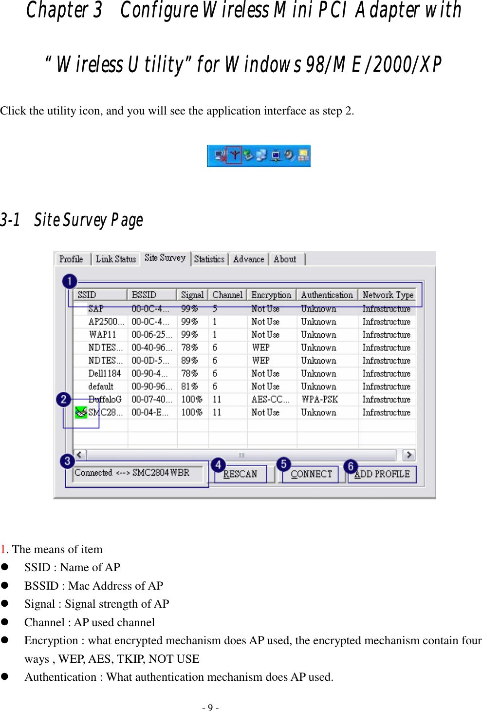    - 9 - Chapter 3   Configure Wireless Mini PCI Adapter with   “ Wireless Utility” for Windows 98/ME/2000/XP Click the utility icon, and you will see the application interface as step 2.      3-1   Site Survey Page    1. The means of item z SSID : Name of AP z BSSID : Mac Address of AP z Signal : Signal strength of AP z Channel : AP used channel z Encryption : what encrypted mechanism does AP used, the encrypted mechanism contain four ways , WEP, AES, TKIP, NOT USE z Authentication : What authentication mechanism does AP used. 