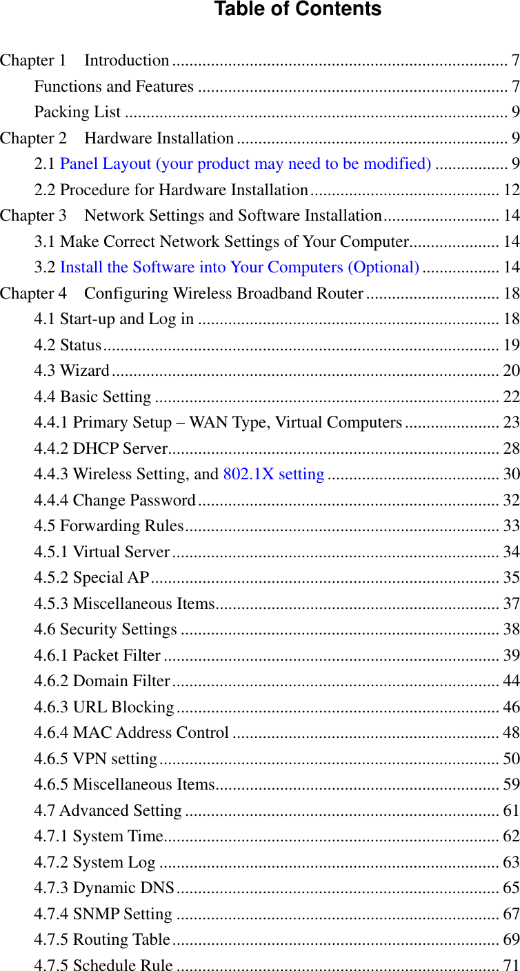 Table of Contents  Chapter 1    Introduction.............................................................................. 7 Functions and Features ........................................................................ 7 Packing List ......................................................................................... 9 Chapter 2    Hardware Installation............................................................... 9 2.1 Panel Layout (your product may need to be modified) ................. 9 2.2 Procedure for Hardware Installation............................................ 12 Chapter 3    Network Settings and Software Installation........................... 14 3.1 Make Correct Network Settings of Your Computer..................... 14 3.2 Install the Software into Your Computers (Optional).................. 14 Chapter 4    Configuring Wireless Broadband Router ............................... 18 4.1 Start-up and Log in ...................................................................... 18 4.2 Status............................................................................................ 19 4.3 Wizard.......................................................................................... 20 4.4 Basic Setting ................................................................................ 22 4.4.1 Primary Setup – WAN Type, Virtual Computers...................... 23 4.4.2 DHCP Server............................................................................. 28 4.4.3 Wireless Setting, and 802.1X setting ........................................ 30 4.4.4 Change Password...................................................................... 32 4.5 Forwarding Rules......................................................................... 33 4.5.1 Virtual Server............................................................................ 34 4.5.2 Special AP................................................................................. 35 4.5.3 Miscellaneous Items.................................................................. 37 4.6 Security Settings .......................................................................... 38 4.6.1 Packet Filter .............................................................................. 39 4.6.2 Domain Filter............................................................................ 44 4.6.3 URL Blocking........................................................................... 46 4.6.4 MAC Address Control .............................................................. 48 4.6.5 VPN setting............................................................................... 50 4.6.5 Miscellaneous Items.................................................................. 59 4.7 Advanced Setting ......................................................................... 61 4.7.1 System Time.............................................................................. 62 4.7.2 System Log ............................................................................... 63 4.7.3 Dynamic DNS........................................................................... 65 4.7.4 SNMP Setting ........................................................................... 67 4.7.5 Routing Table............................................................................ 69 4.7.5 Schedule Rule ........................................................................... 71 