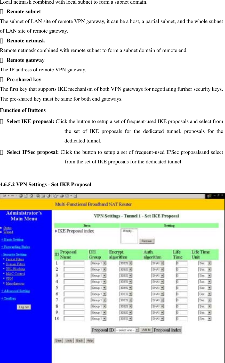 Local netmask combined with local subnet to form a subnet domain.    　Remote subnet The subnet of LAN site of remote VPN gateway, it can be a host, a partial subnet, and the whole subnet of LAN site of remote gateway.    　Remote netmask Remote netmask combined with remote subnet to form a subnet domain of remote end.    　Remote gateway The IP address of remote VPN gateway.    　Pre-shared key The first key that supports IKE mechanism of both VPN gateways for negotiating further security keys. The pre-shared key must be same for both end gateways.   Function of Buttons  　Select IKE proposal: Click the button to setup a set of frequent-used IKE proposals and select from the set of IKE proposals for the dedicated tunnel. proposals for the dedicated tunnel.  　Select IPSec proposal: Click the button to setup a set of frequent-used IPSec proposalsand select from the set of IKE proposals for the dedicated tunnel.  4.6.5.2 VPN Settings - Set IKE Proposal  