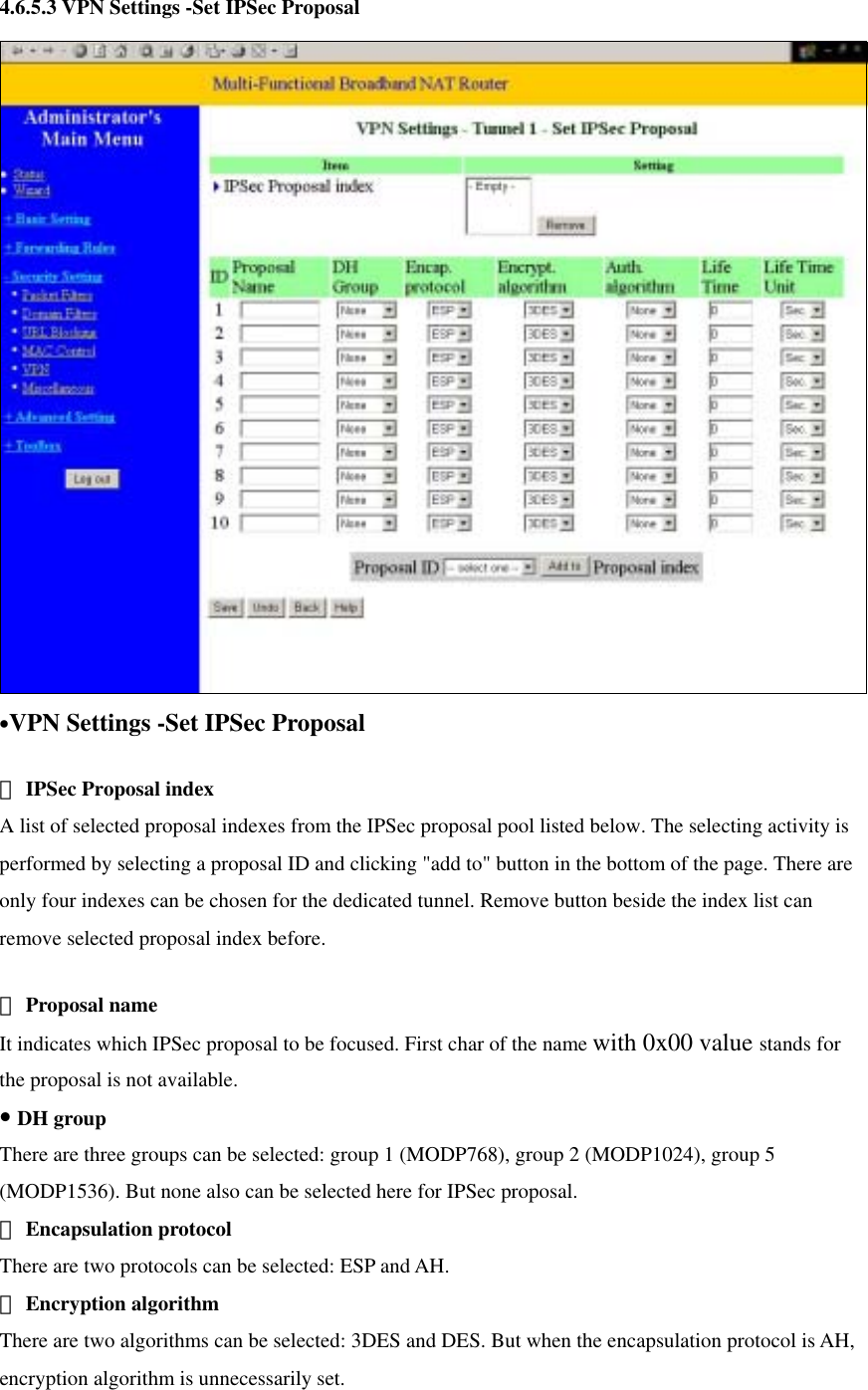  4.6.5.3 VPN Settings -Set IPSec Proposal  •VPN Settings -Set IPSec Proposal  　IPSec Proposal index A list of selected proposal indexes from the IPSec proposal pool listed below. The selecting activity is performed by selecting a proposal ID and clicking &quot;add to&quot; button in the bottom of the page. There are only four indexes can be chosen for the dedicated tunnel. Remove button beside the index list can remove selected proposal index before.    　Proposal name It indicates which IPSec proposal to be focused. First char of the name with 0x00 value stands for the proposal is not available.   • DH group There are three groups can be selected: group 1 (MODP768), group 2 (MODP1024), group 5 (MODP1536). But none also can be selected here for IPSec proposal.    　Encapsulation protocol There are two protocols can be selected: ESP and AH.    　Encryption algorithm There are two algorithms can be selected: 3DES and DES. But when the encapsulation protocol is AH, encryption algorithm is unnecessarily set.   