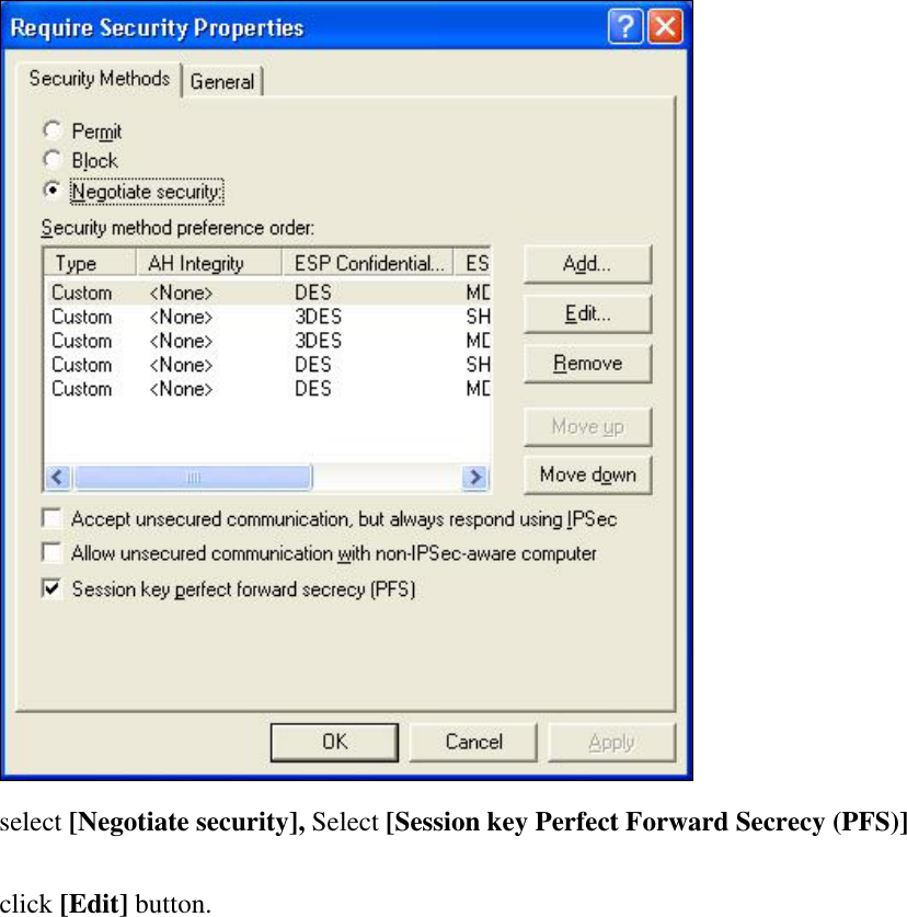  select [Negotiate security], Select [Session key Perfect Forward Secrecy (PFS)]  click [Edit] button.   