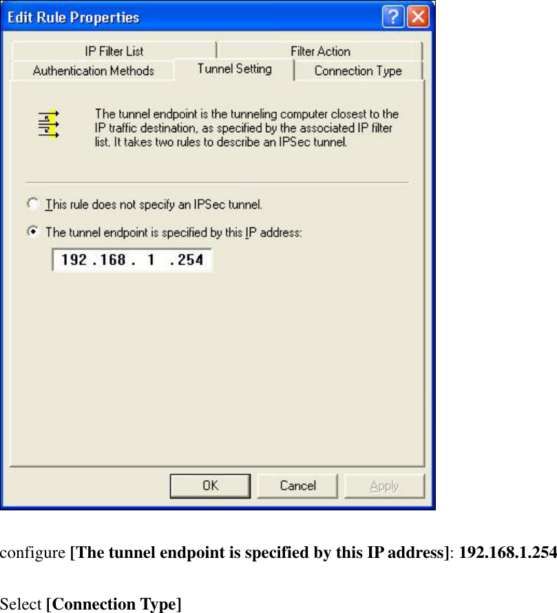   configure [The tunnel endpoint is specified by this IP address]: 192.168.1.254  Select [Connection Type] 