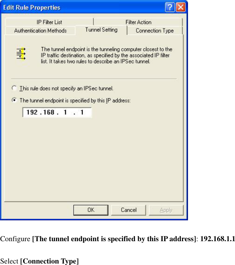   Configure [The tunnel endpoint is specified by this IP address]: 192.168.1.1  Select [Connection Type] 