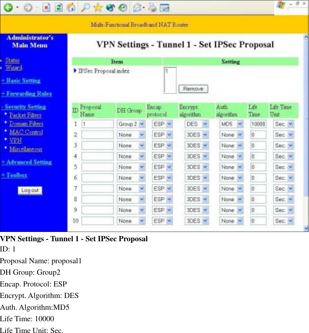  VPN Settings - Tunnel 1 - Set IPSec Proposal   ID: 1   Proposal Name: proposal1 DH Group: Group2 Encap. Protocol: ESP Encrypt. Algorithm: DES Auth. Algorithm:MD5 Life Time: 10000   Life Time Unit: Sec.   