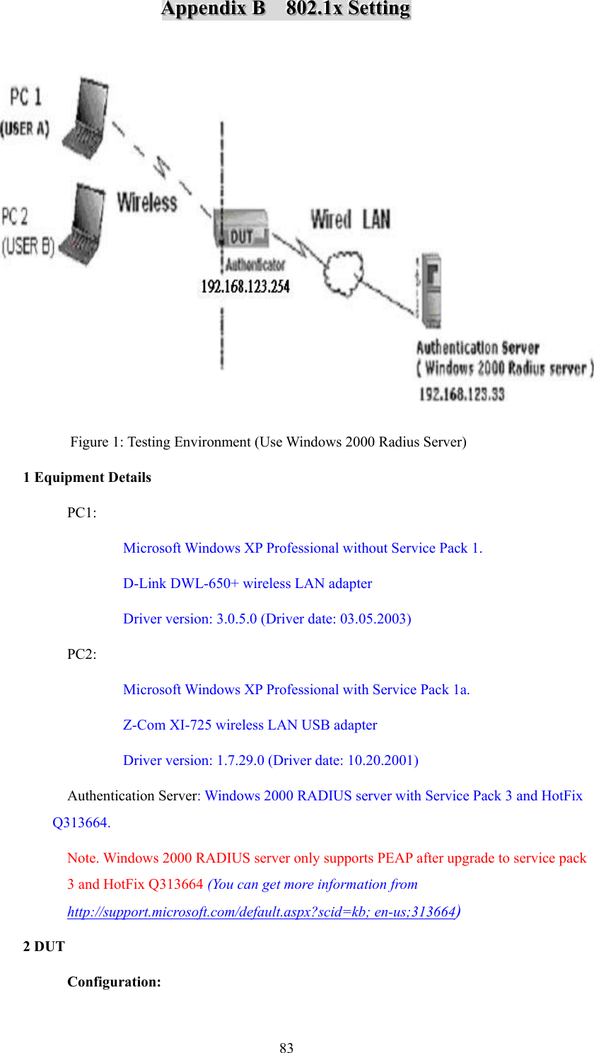  83AAAppppppeeennndddiiixxx   BBB      888000222...111xxx   SSSeeettttttiiinnnggg     Figure 1: Testing Environment (Use Windows 2000 Radius Server) 1 Equipment Details PC1:  Microsoft Windows XP Professional without Service Pack 1. D-Link DWL-650+ wireless LAN adapter Driver version: 3.0.5.0 (Driver date: 03.05.2003) PC2:  Microsoft Windows XP Professional with Service Pack 1a. Z-Com XI-725 wireless LAN USB adapter Driver version: 1.7.29.0 (Driver date: 10.20.2001) Authentication Server: Windows 2000 RADIUS server with Service Pack 3 and HotFix Q313664.     Note. Windows 2000 RADIUS server only supports PEAP after upgrade to service pack 3 and HotFix Q313664 (You can get more information from   http://support.microsoft.com/default.aspx?scid=kb; en-us;313664) 2 DUT   Configuration: 