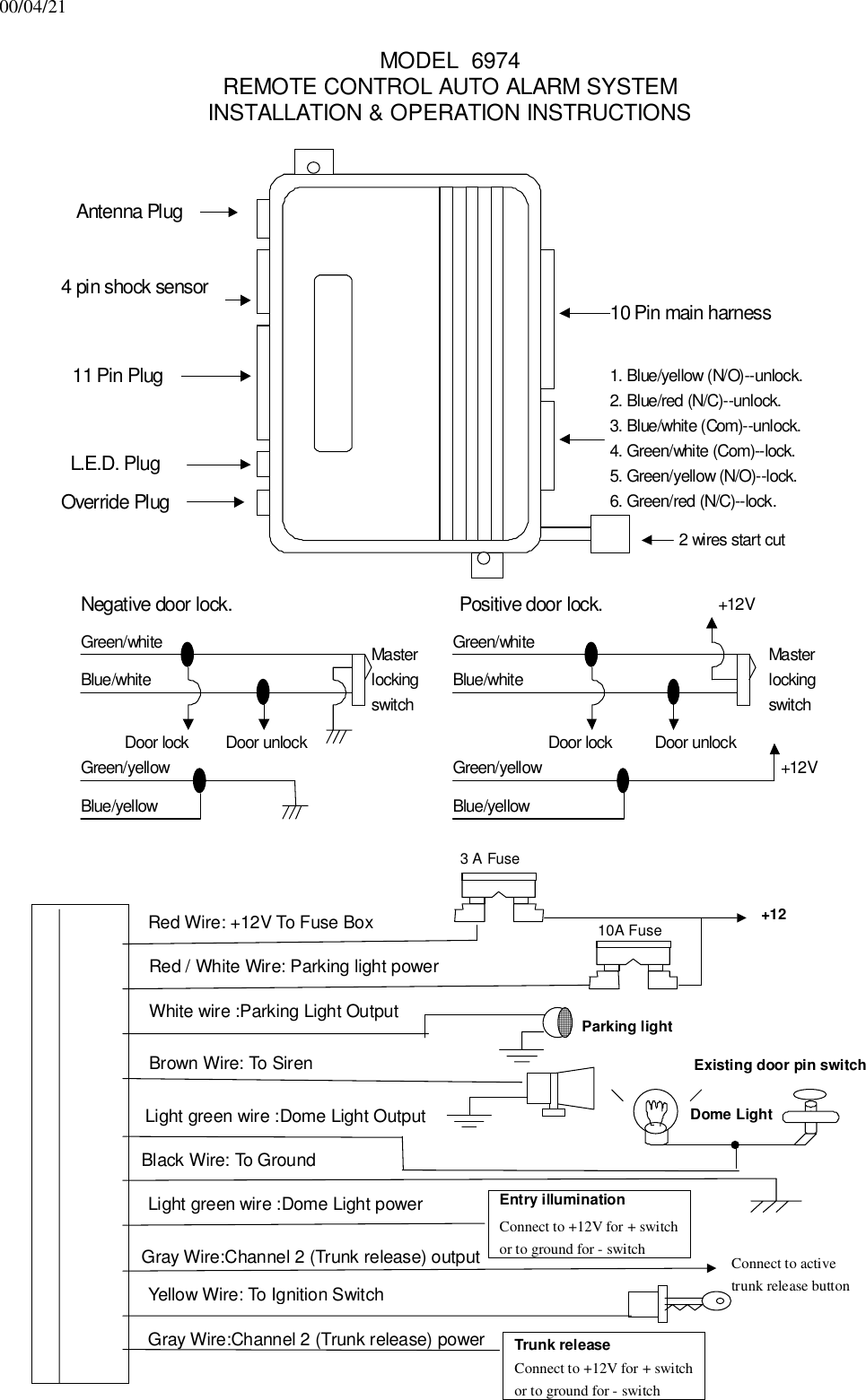 00/04/21MODEL  6974REMOTE CONTROL AUTO ALARM SYSTEMINSTALLATION &amp; OPERATION INSTRUCTIONSOverride Plug L.E.D. Plug4 pin shock sensor11 Pin PlugAntenna Plug1. Blue/yellow (N/O)--unlock.2. Blue/red (N/C)--unlock.3. Blue/white (Com)--unlock.4. Green/white (Com)--lock.5. Green/yellow (N/O)--lock.6. Green/red (N/C)--lock.Negative door lock.Green/whiteBlue/whiteGreen/yellowBlue/yellowPositive door lock.Green/whiteBlue/whiteGreen/yellowBlue/yellowDoor lock Door unlockMasterlockingswitchlockingMasterswitch+12VDoor lock Door unlock+12V10 Pin main harness2 wires start cut3 A FuseRed Wire: +12V To Fuse BoxBrown Wire: To SirenBlack Wire: To GroundGray Wire:Channel 2 (Trunk release) powerRed / White Wire: Parking light powerParking lightYellow Wire: To Ignition Switch+12White wire :Parking Light OutputLight green wire :Dome Light OutputLight green wire :Dome Light power10A FuseEntry illuminationConnect to +12V for + switchor to ground for - switchExisting door pin switchDome LightTrunk releaseConnect to +12V for + switchor to ground for - switchGray Wire:Channel 2 (Trunk release) output Connect to activetrunk release button