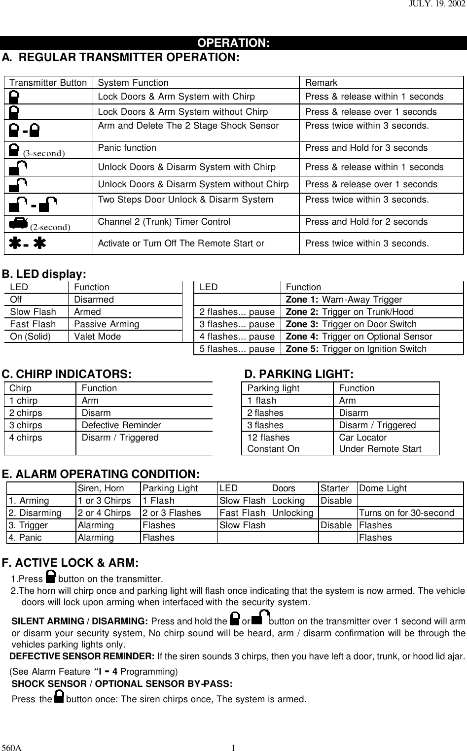 JULY. 19. 2002 560A 1 OPERATION: A. REGULAR TRANSMITTER OPERATION:   Transmitter Button System Function Remark   Lock Doors &amp; Arm System with Chirp Press &amp; release within 1 seconds    Lock Doors &amp; Arm System without Chirp Press &amp; release over 1 seconds   -    Arm and Delete The 2 Stage Shock Sensor Press twice within 3 seconds.    (3-second) Panic function Press and Hold for 3 seconds     Unlock Doors &amp; Disarm System with Chirp Press &amp; release within 1 seconds    Unlock Doors &amp; Disarm System without Chirp Press &amp; release over 1 seconds  -  Two Steps Door Unlock &amp; Disarm System Press twice within 3 seconds.   (2-second)   Channel 2 (Trunk) Timer Control Press and Hold for 2 seconds    -    Activate or Turn Off The Remote Start or Press twice within 3 seconds.   B. LED display: LED Function    LED Function Off Disarmed      Zone 1: Warn-Away Trigger Slow Flash Armed    2 flashes... pause Zone 2: Trigger on Trunk/Hood  Fast Flash Passive Arming    3 flashes... pause Zone 3: Trigger on Door Switch On (Solid)   Valet Mode    4 flashes... pause Zone 4: Trigger on Optional Sensor  5 flashes... pause Zone 5: Trigger on Ignition Switch  C. CHIRP INDICATORS:    D. PARKING LIGHT: Chirp Function    Parking light Function 1 chirp Arm    1 flash Arm 2 chirps Disarm    2 flashes  Disarm 3 chirps Defective Reminder    3 flashes  Disarm / Triggered 4 chirps Disarm / Triggered    12 flashes Car Locator       Constant On Under Remote Start  E. ALARM OPERATING CONDITION:  Siren, Horn Parking Light LED Doors  Starter  Dome Light  1. Arming 1 or 3 Chirps 1 Flash Slow Flash Locking Disable   2. Disarming 2 or 4 Chirps 2 or 3 Flashes Fast Flash Unlocking    Turns on for 30-second 3. Trigger Alarming Flashes Slow Flash    Disable   Flashes 4. Panic  Alarming Flashes        Flashes  F. ACTIVE LOCK &amp; ARM: 1.Press   button on the transmitter. 2.The horn will chirp once and parking light will flash once indicating that the system is now armed. The vehicle doors will lock upon arming when interfaced with the security system. SILENT ARMING / DISARMING: Press and hold the   or button on the transmitter over 1 second will arm or disarm your security system, No chirp sound will be heard, arm / disarm confirmation will be through the vehicles parking lights only. DEFECTIVE SENSOR REMINDER: If the siren sounds 3 chirps, then you have left a door, trunk, or hood lid ajar. (See Alarm Feature “I - 4 Programming) SHOCK SENSOR / OPTIONAL SENSOR BY-PASS:  Press the   button once: The siren chirps once, The system is armed. 